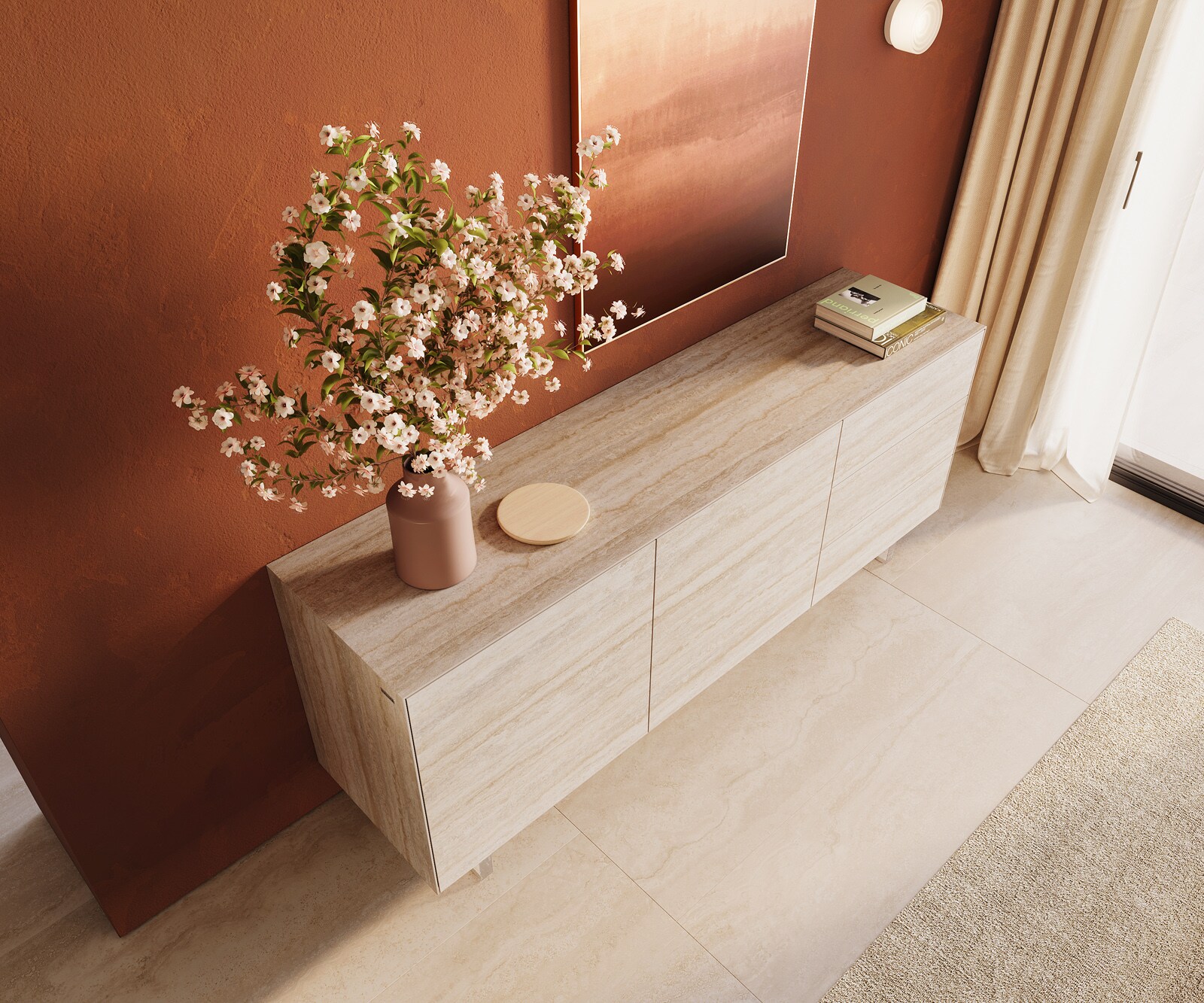 Buffet Cuor 180 cm Céramique Laminam® Travertino Bianco Crème-blanc 2 Portes 3 Tiroirs Pied optique flottant Verre acrylique 3