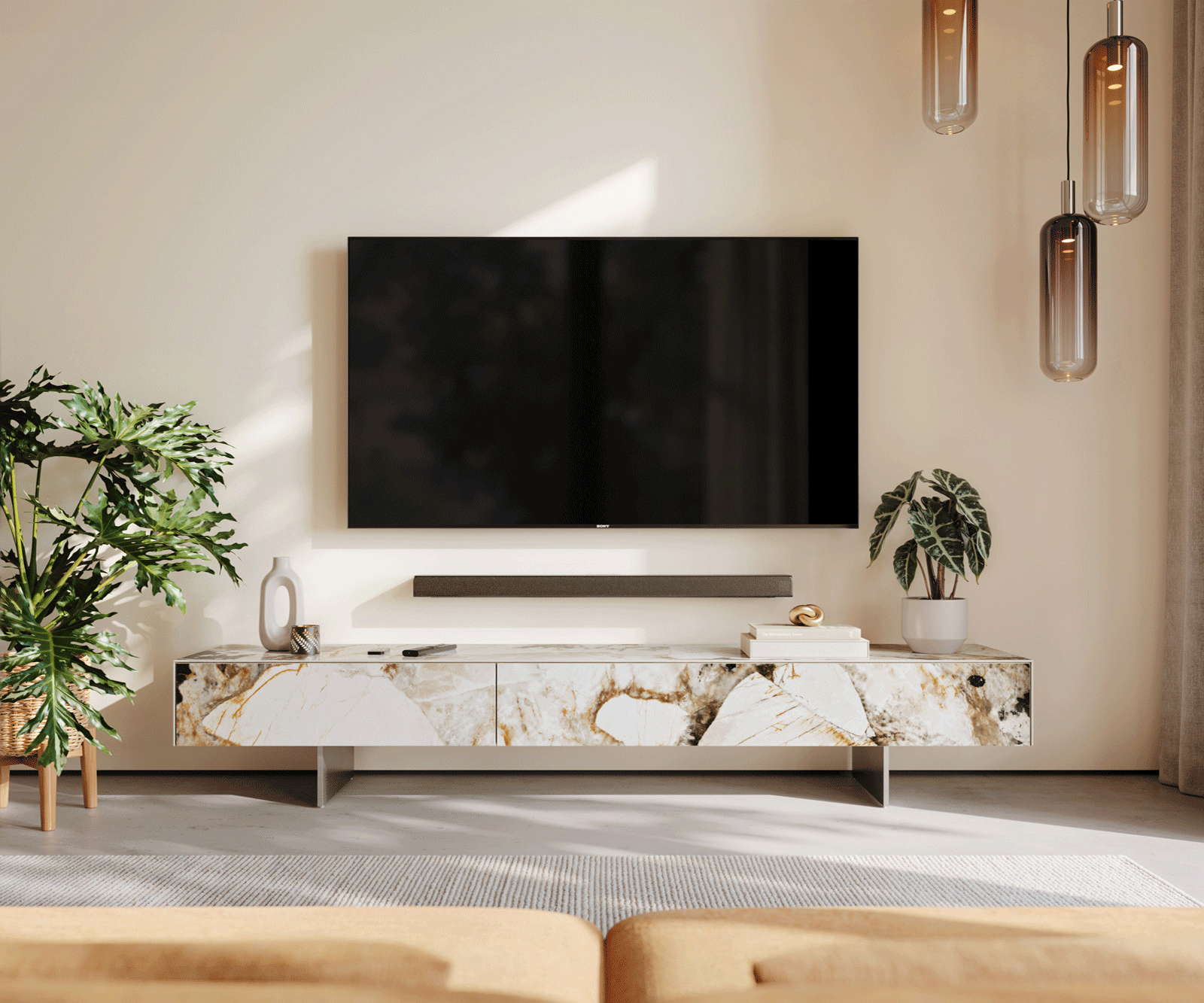 Meuble-TV Cuor 200 cm Céramique Patagonia raffinée 1 Clapet 1 Tiroir Pied optique flottant Ancier inoxydable 2