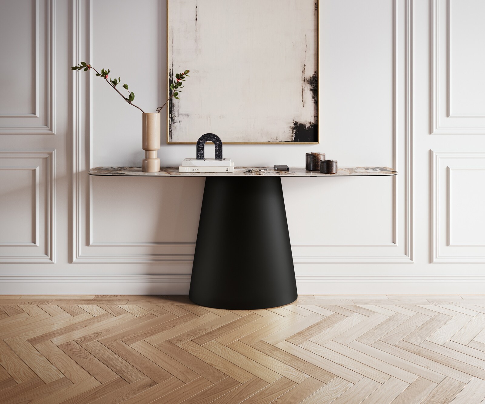 Console Edge forme bateau 180x40 cm Céramique Patagonia Poliert Conos Métal Noir 2