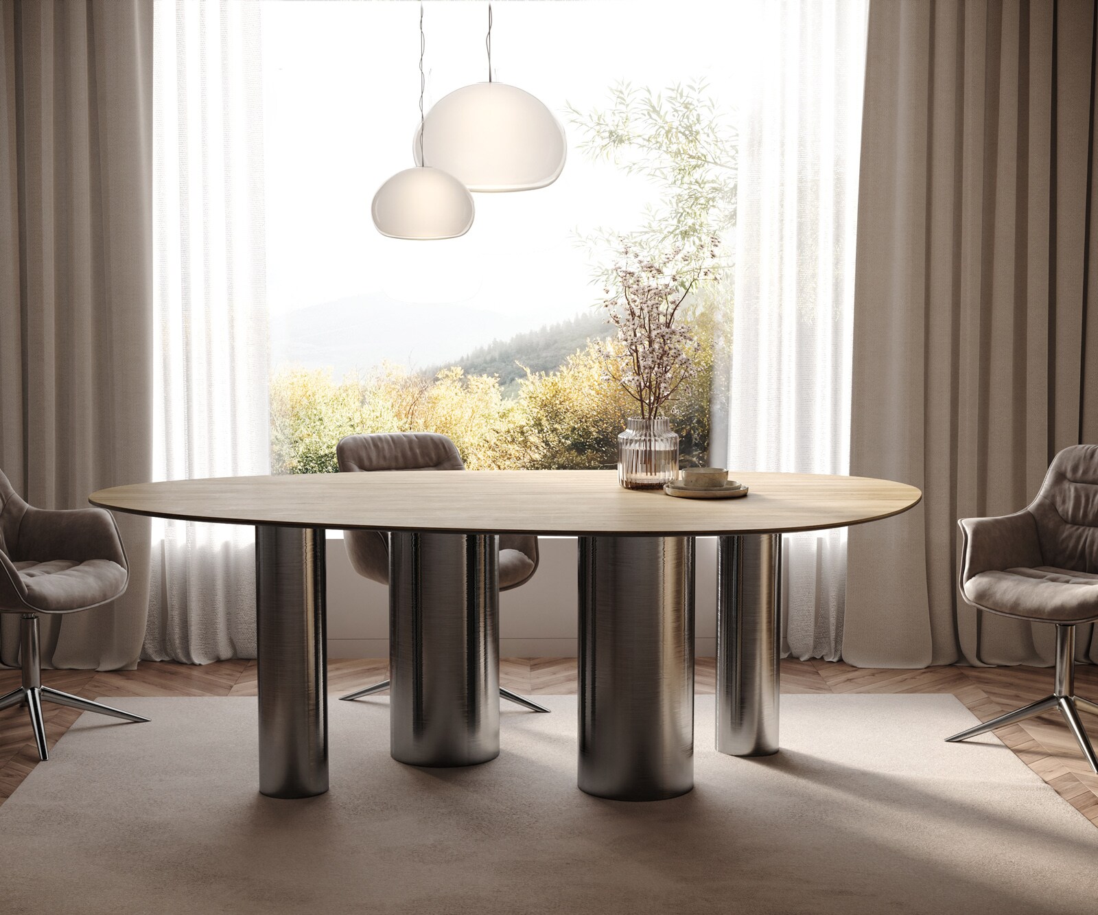 Table à manger Edge Ovale 220x120 Céramique Laminam® Sabbia Couleur chêne Pilier Acier inoxydable Graphite 2