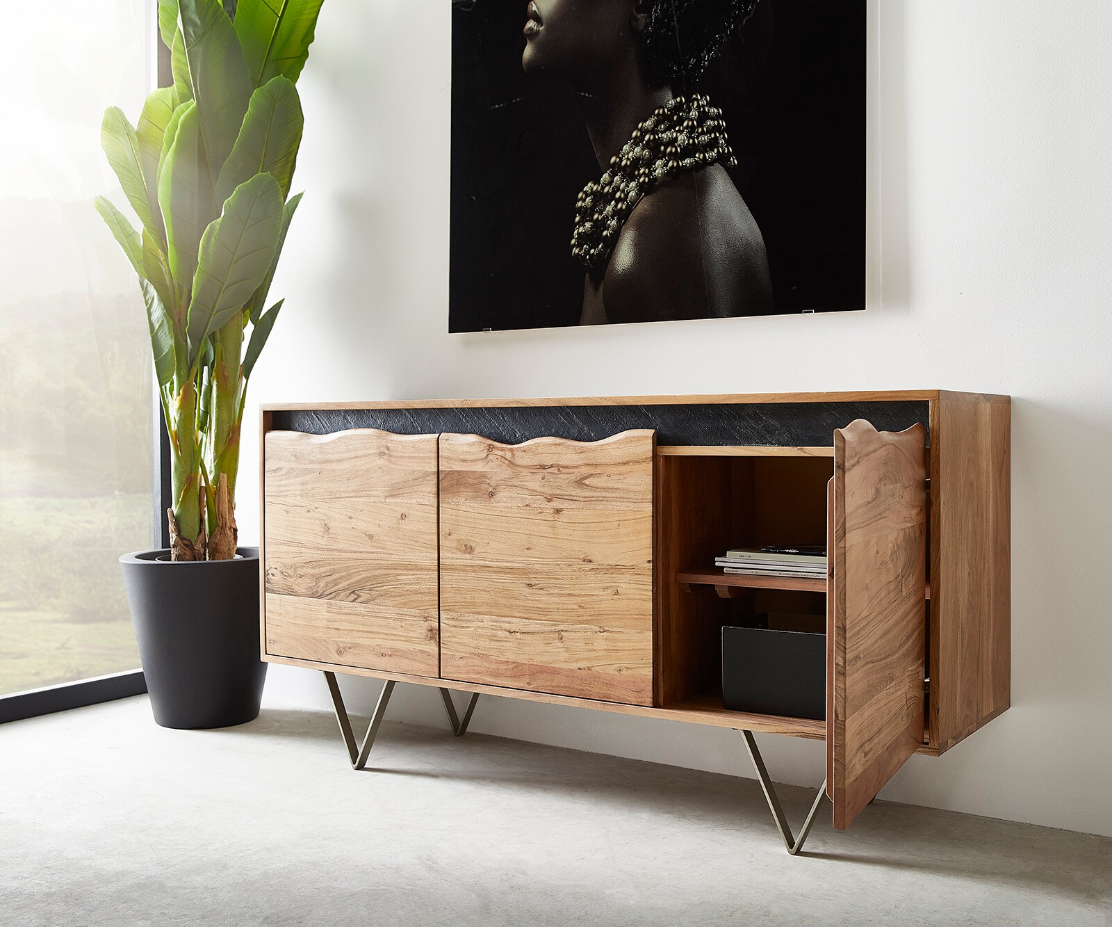 Buffet Stonegrace 147x45 cm acacia nature 3 portes  tronc d'arbre 4