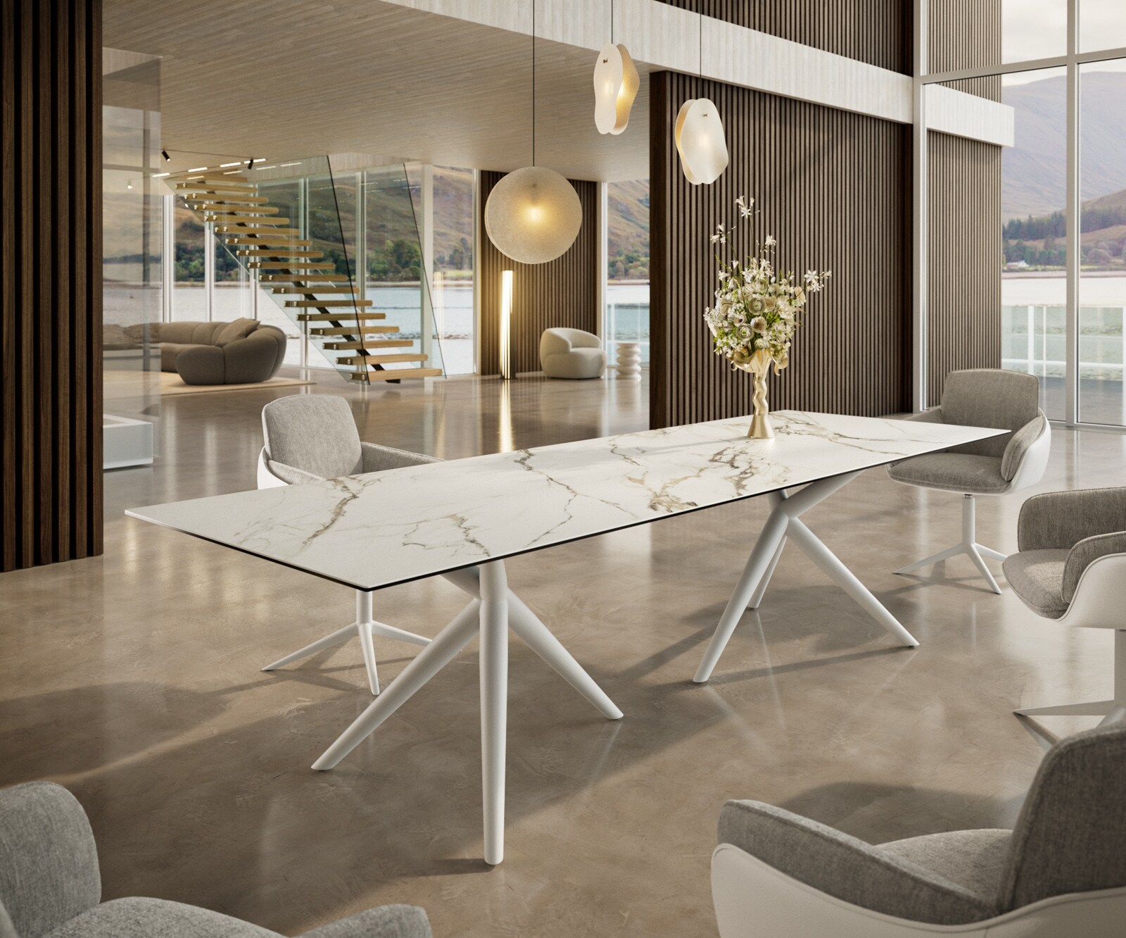 Table à manger Edge 300x100 Céramique Calacatta Luxe Blanc-Doré-Gris Estelar rond Métal Blanc 1