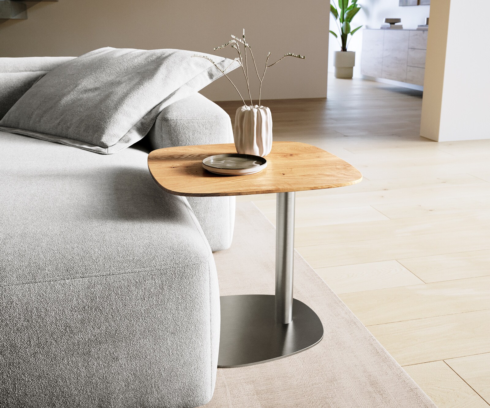 table d’appoint Edge Boot 50x50 cm chêne naturel bord suisse Eleny acier inoxydable brossé 1