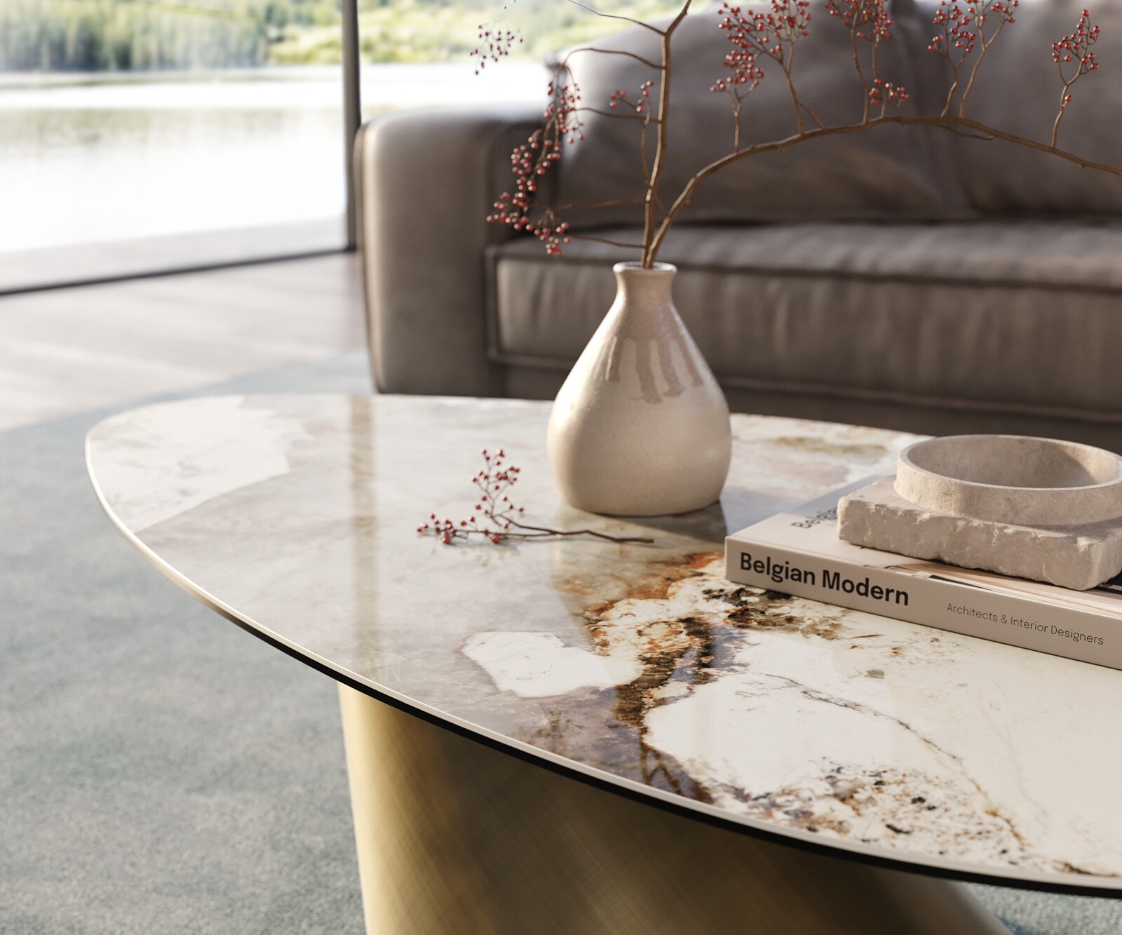 Table basse Edge Organique 140x76 cm céramique Minas Melange Conis doré métallique 6