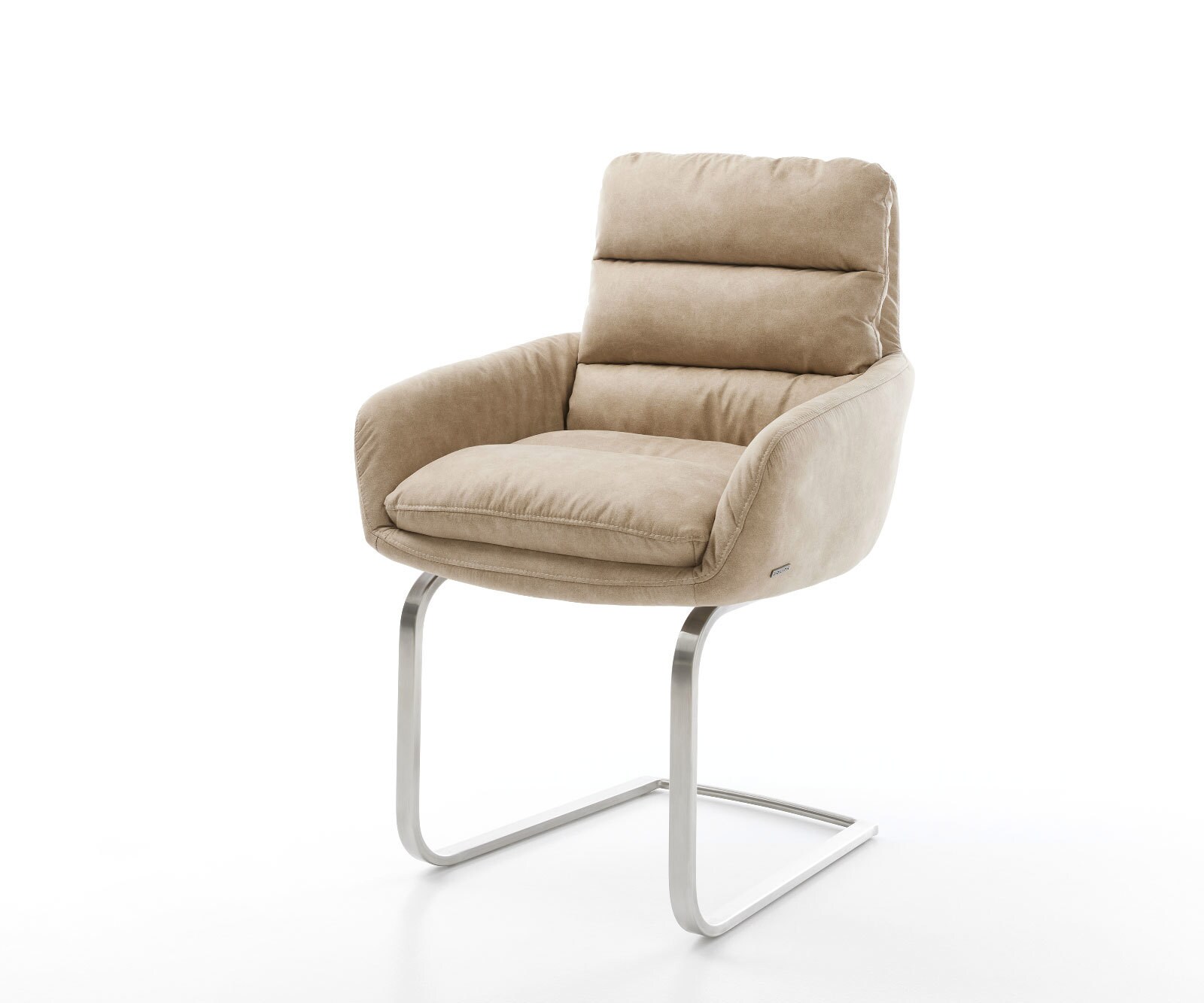 Cantilever Abelia-Flex avec accoudoirs microvelours beige vintage pied cantilever plat acier inoxydable brossé