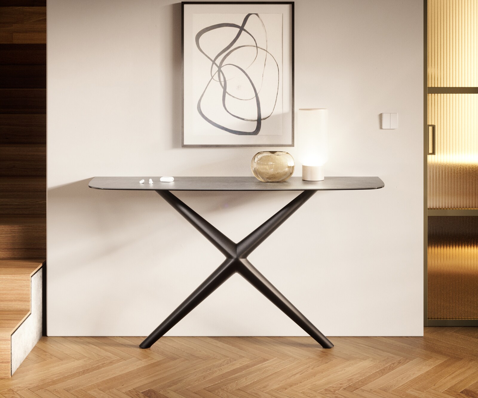 Console Edge forme bateau 140x40 cm Céramique Gris béton Estelo Métal Noir 1
