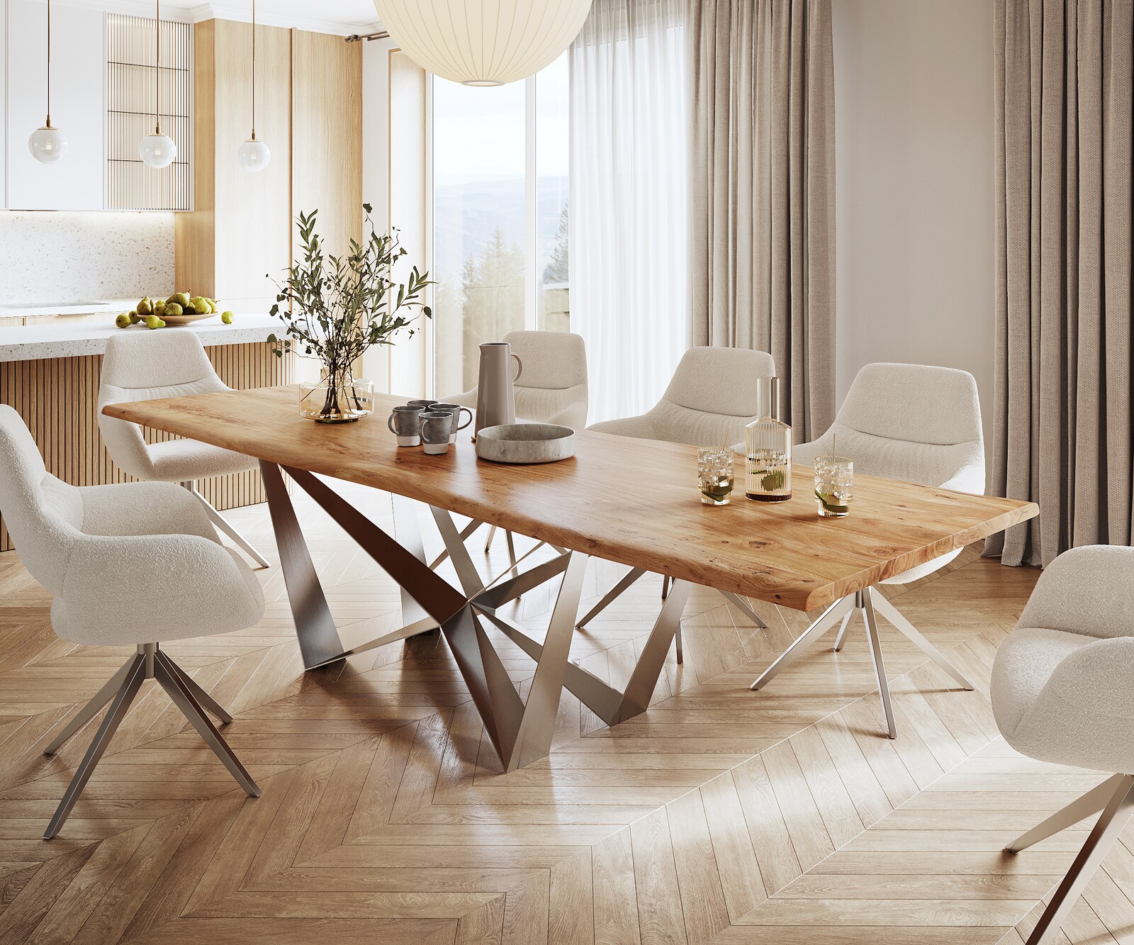 Table à manger Edge 300x100 acacia nature Spider acier plat acier inoxydable Live-Edge 1