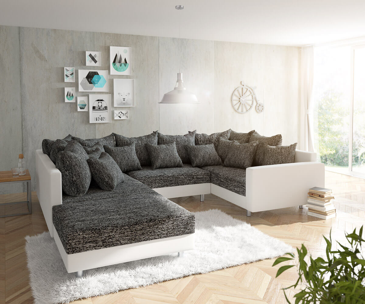 Canapé panoramqiue Clovis blanc noir avec tabouret et accoudoirs  Canapé panoramqiue Clovis blanc noir avec tabouret et accoudoirs