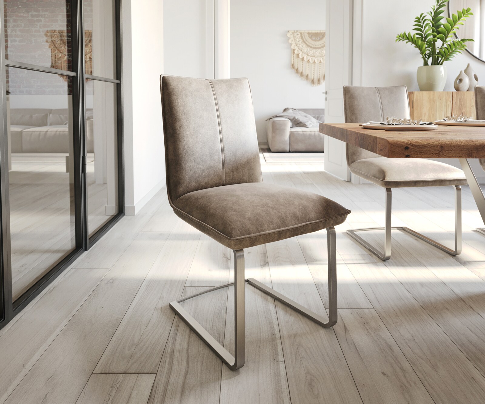 Cantilever Lelio-Flex microvelours taupe vintage pied cantilever plat acier inoxydable brossé ressorts ensachés