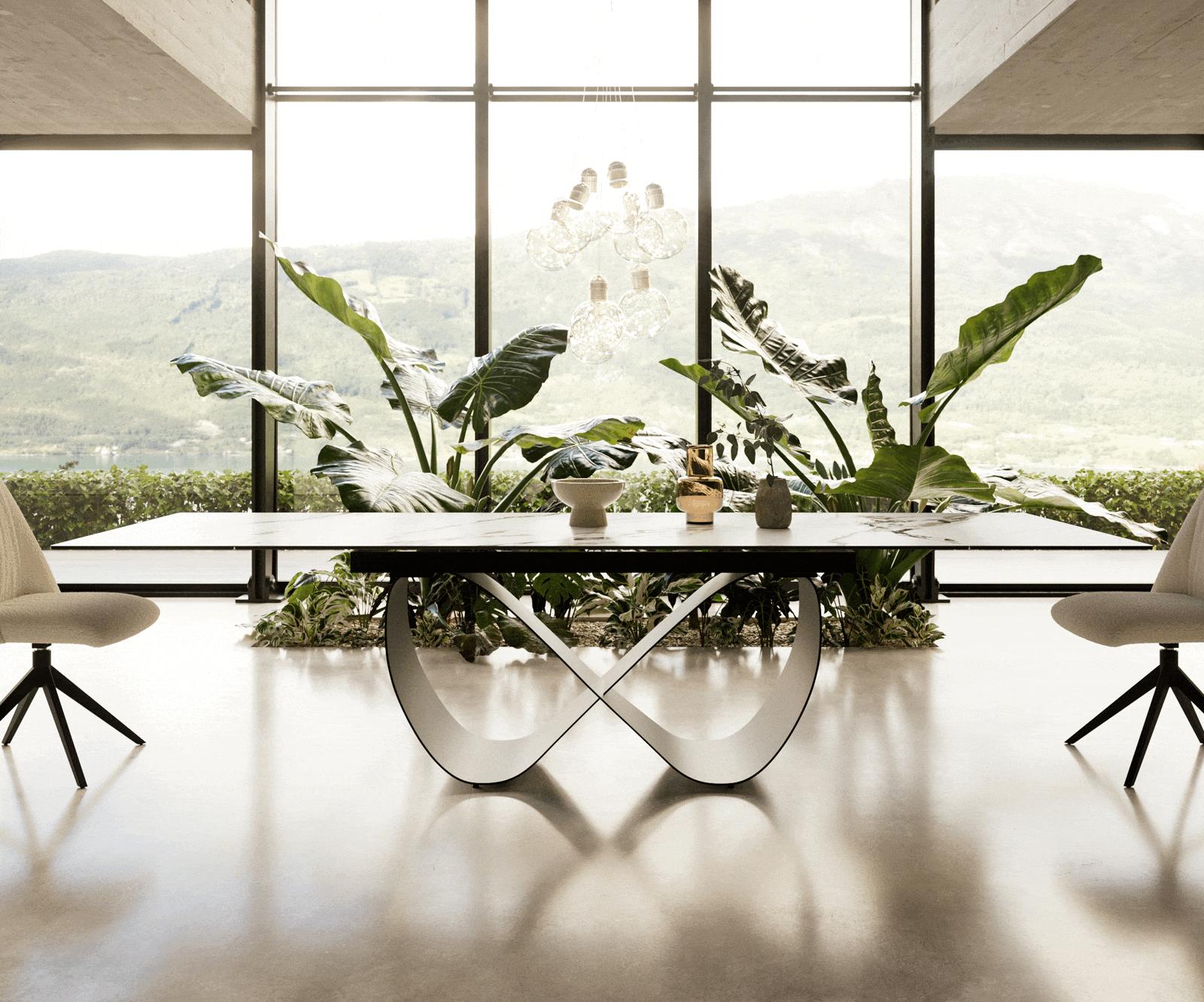 Table à manger Edge 200-300x100 cm Céramique Calacatta Luxe Blanc-Or-Gris Infinity Métal Noir extensible 2