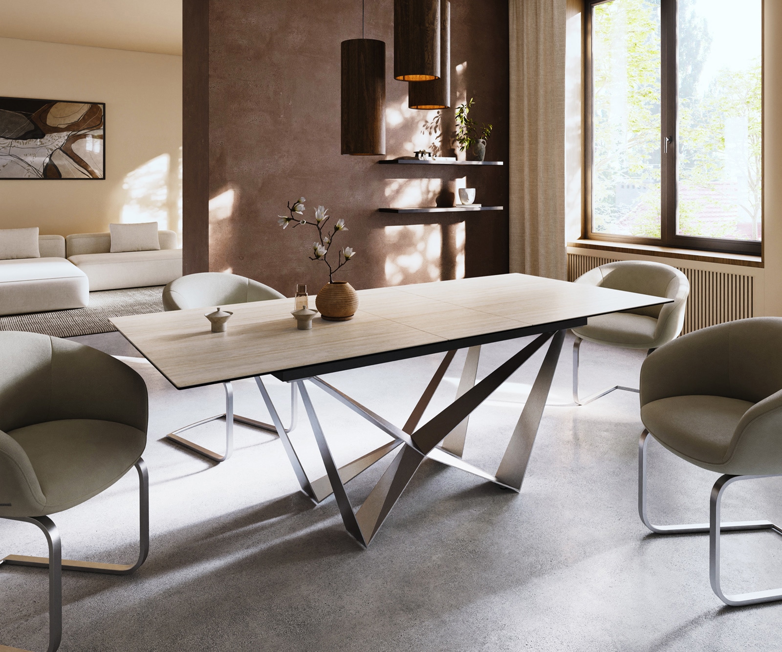 Table à manger Edge 180-220x100 céramique Laminam® Travertino Bianco crème-blanc Spider acier plat acier inoxydable extensible