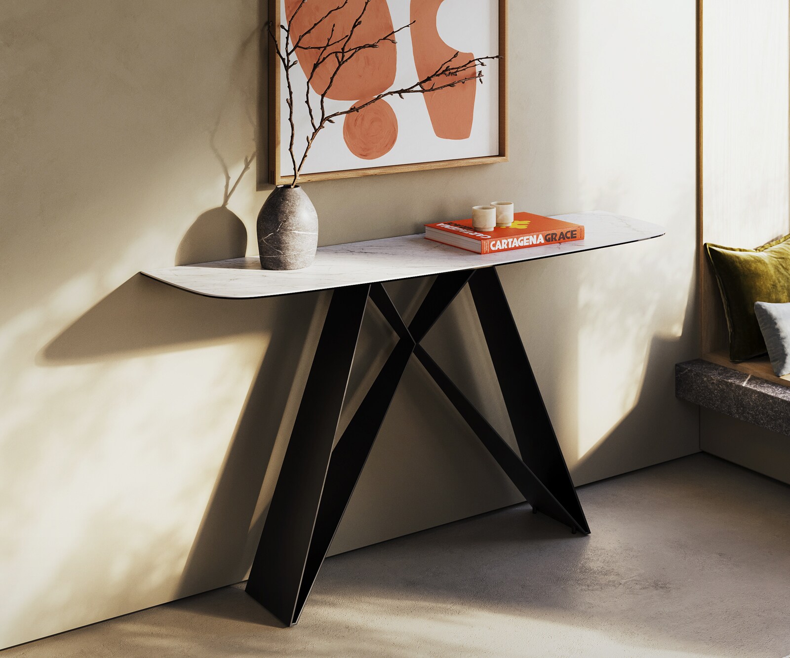 Console Edge forme bateau 140x40 cm Céramique Laminam® Statuarietto Weiß Velio Métal Noir 4
