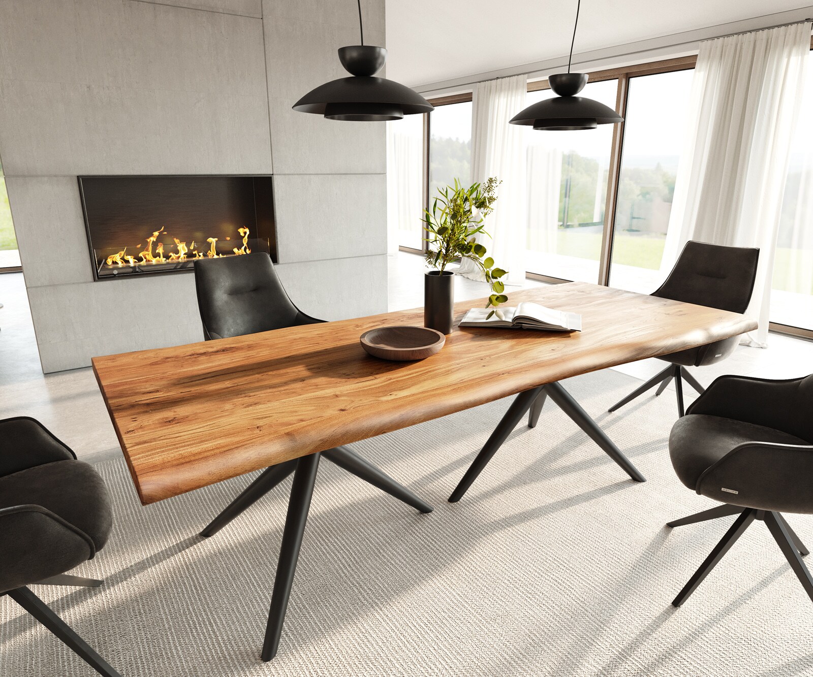 Table à manger Edge 240x100 acacia naturee Estelar rond métal noir Live-Edge