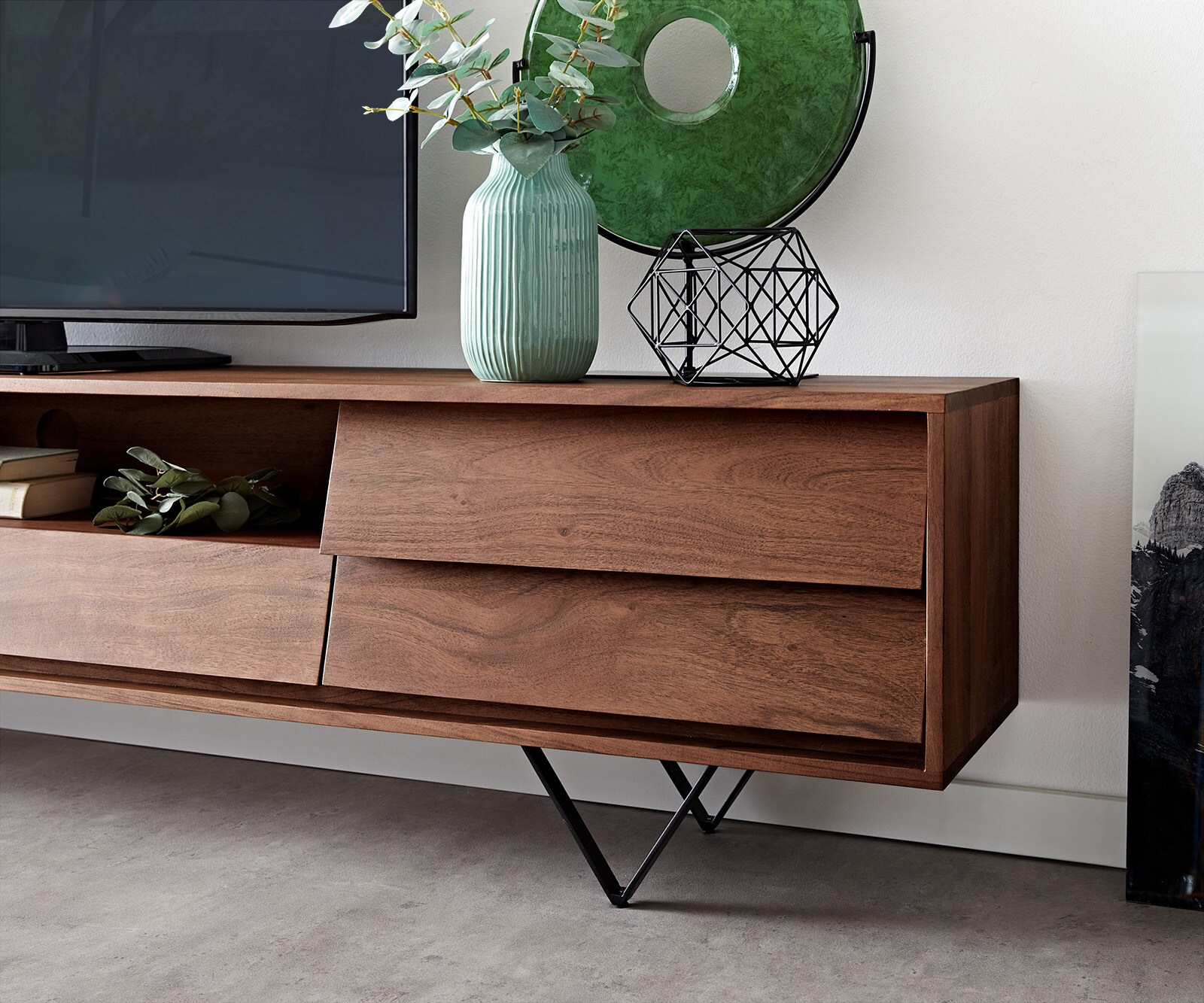 Meuble-TV  Eloi 240x35 cm acacia brun 2 portes 2 tiroirs pied en V noir 5