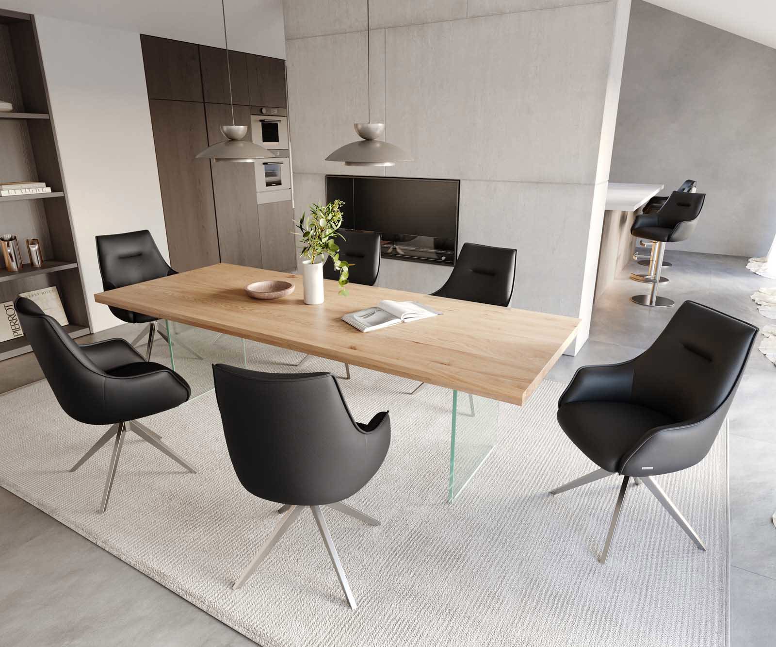 Chaise-pivotante Alja-Flex avec accoudoirs cuir de vache noir pied croisé large acier inoxydable brossé pivotement sur 360° ressorts ensachés 4 Chaise-pivotante Alja-Flex avec accoudoirs cuir de vache noir pied croisé large acier inoxydable brossé pivotement sur 360° ressorts ensachés 4