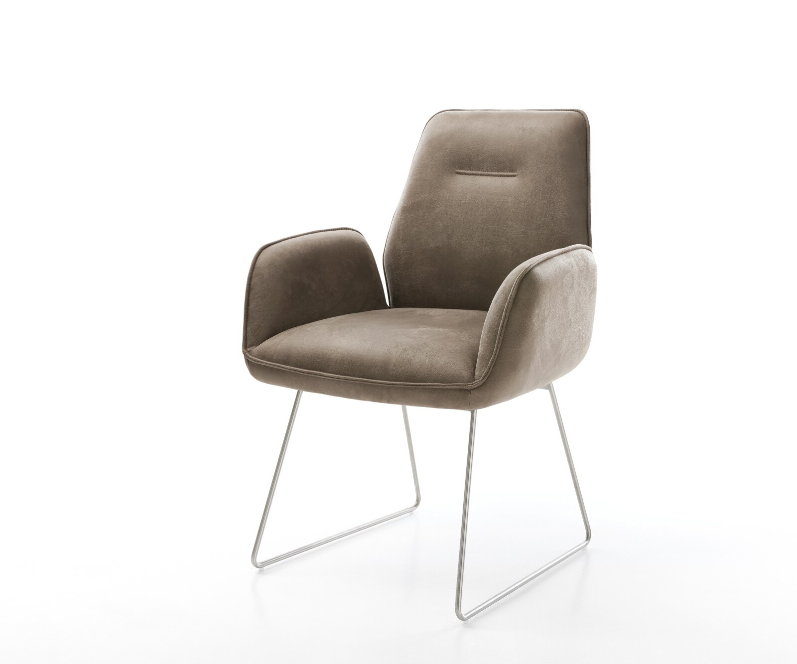 Chaise-de-salle-à-manger Zoa-Flex microvelours taupe vintage pied trapèze acier inoxydable brossé ressorts ensachés