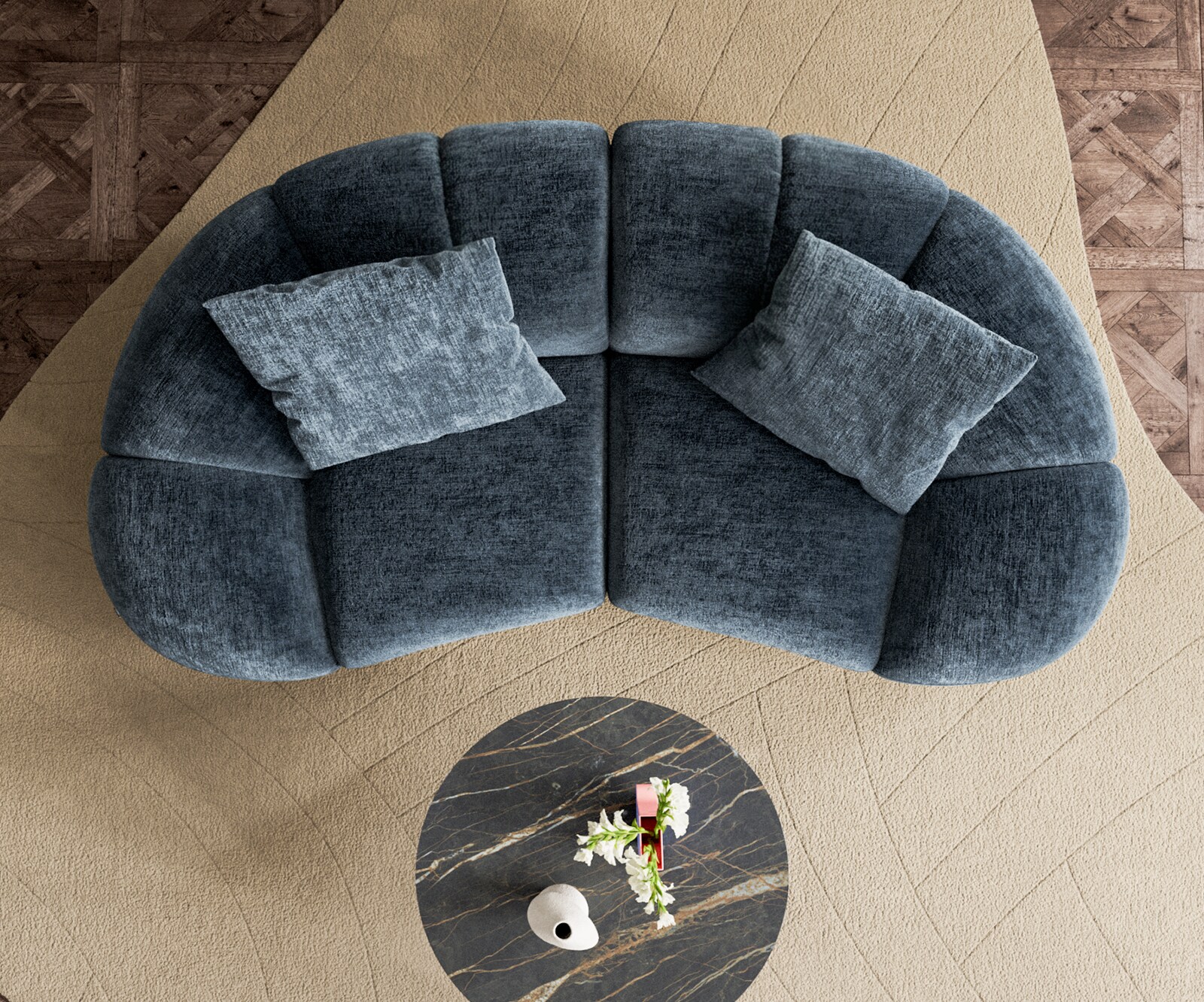 Canapé 2 places Lunna 280x170 cm chenille bleu 2 coussins 5