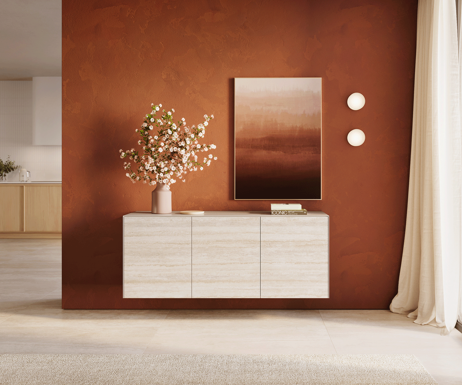 Buffet Cuor 150 cm Céramique Laminam® Travertino Bianco Crème-blanc 3 Portes Flottant 2