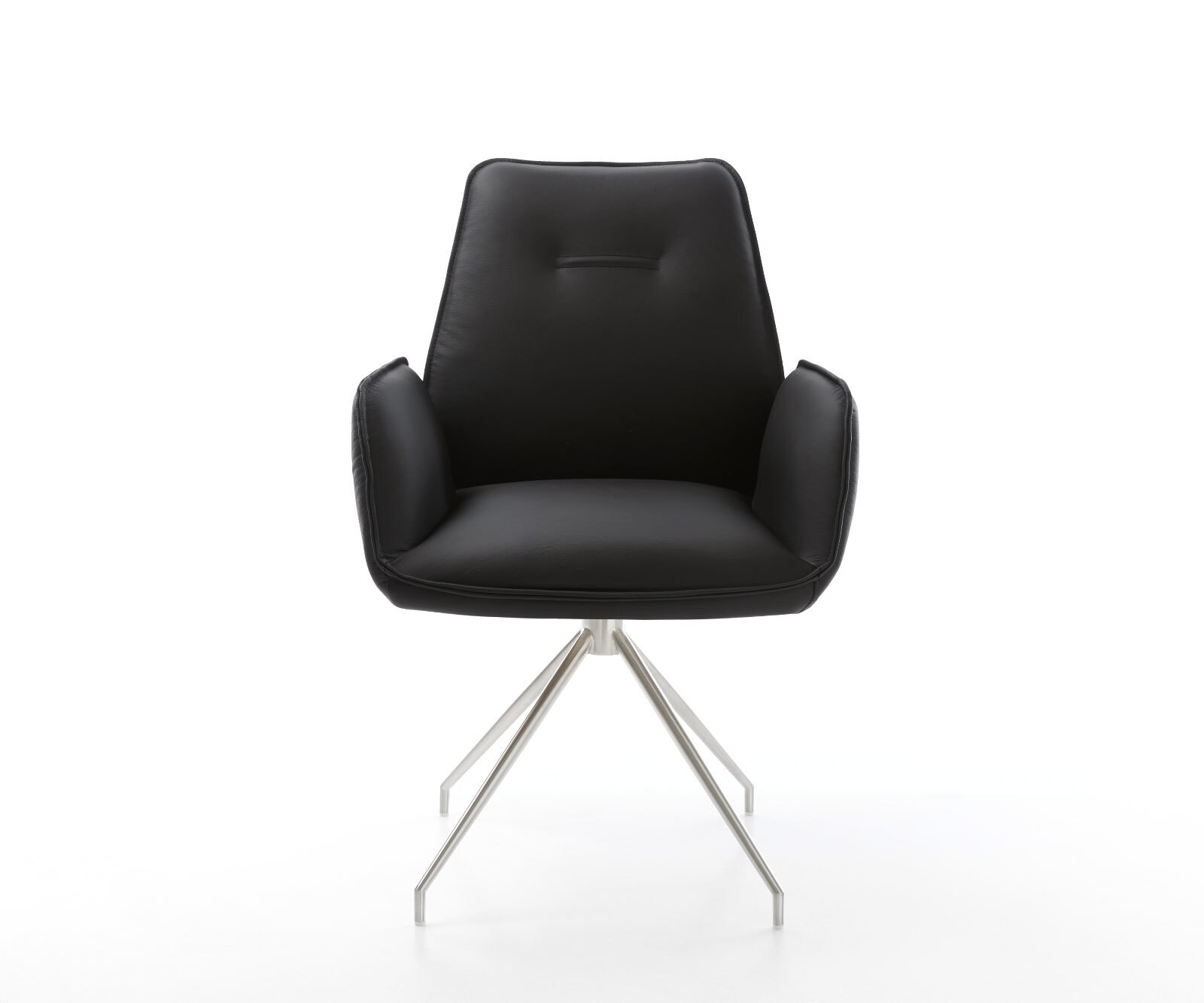 Chaise-de-salle-à-manger Zoa-Flex cuir de vache noir pied croisé conique acier inoxydable brossé ressorts ensachés 1