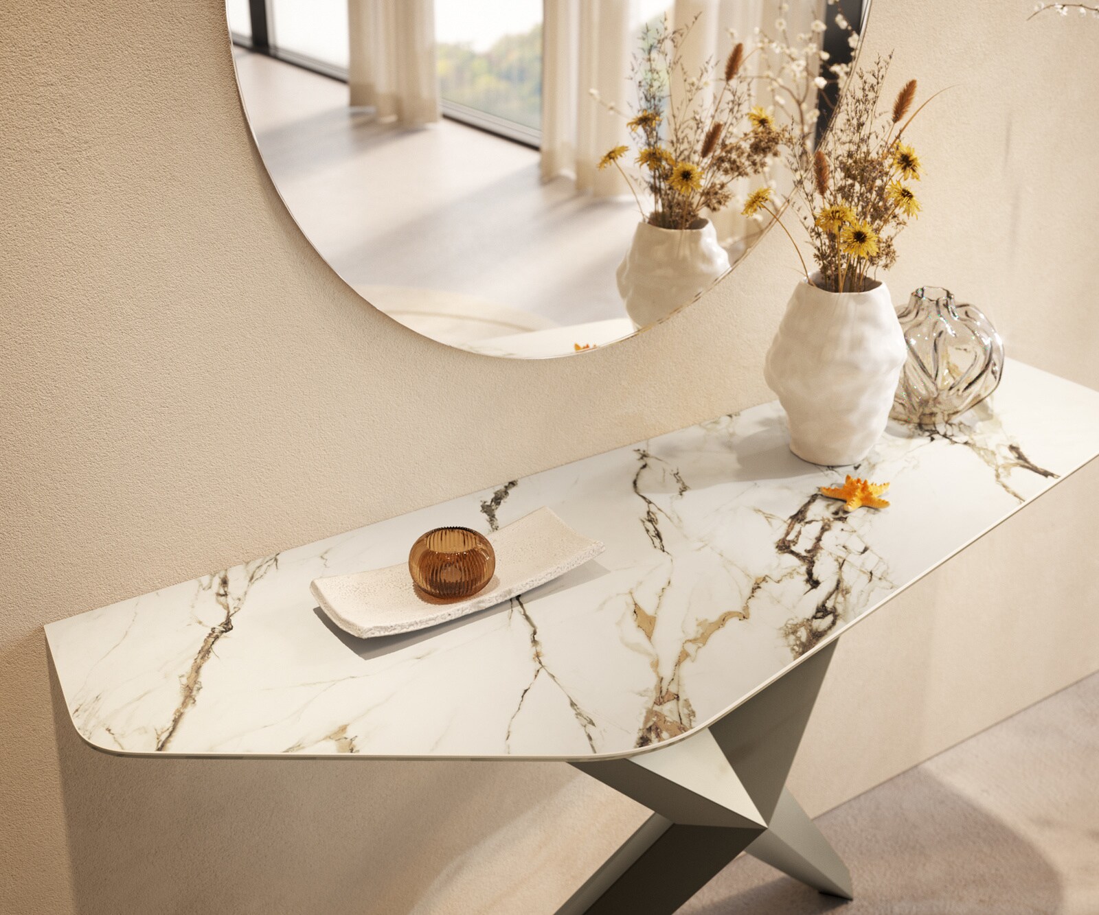 Console Edge Polygonal 140x50 cm Céramique Calacatta Luxe Weiß-Gold-Gris Zentharo Métal Effektfinish Titan 5