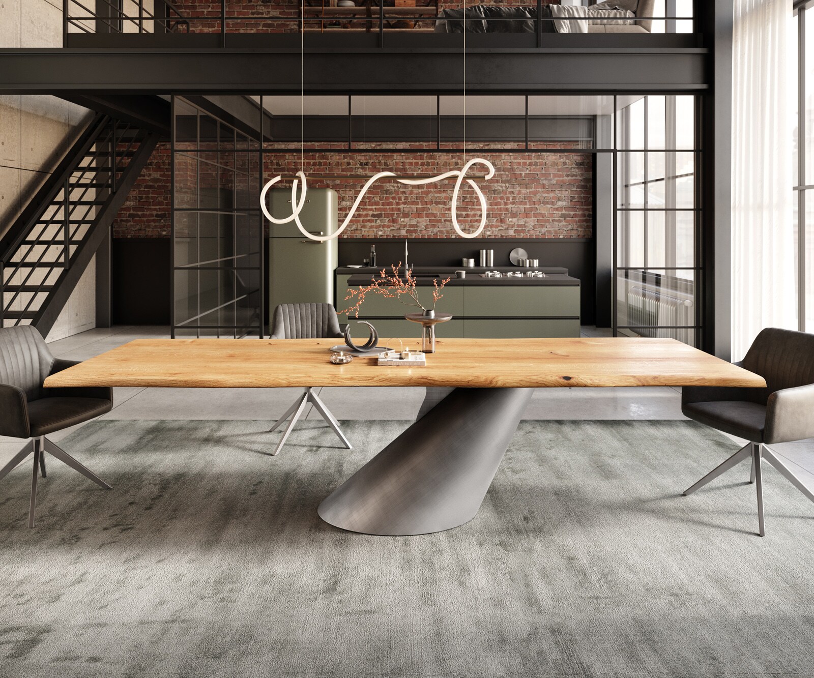 Table à manger Edge 300x100x4 chêne naturee Cono métallique argent Live-Edge 1