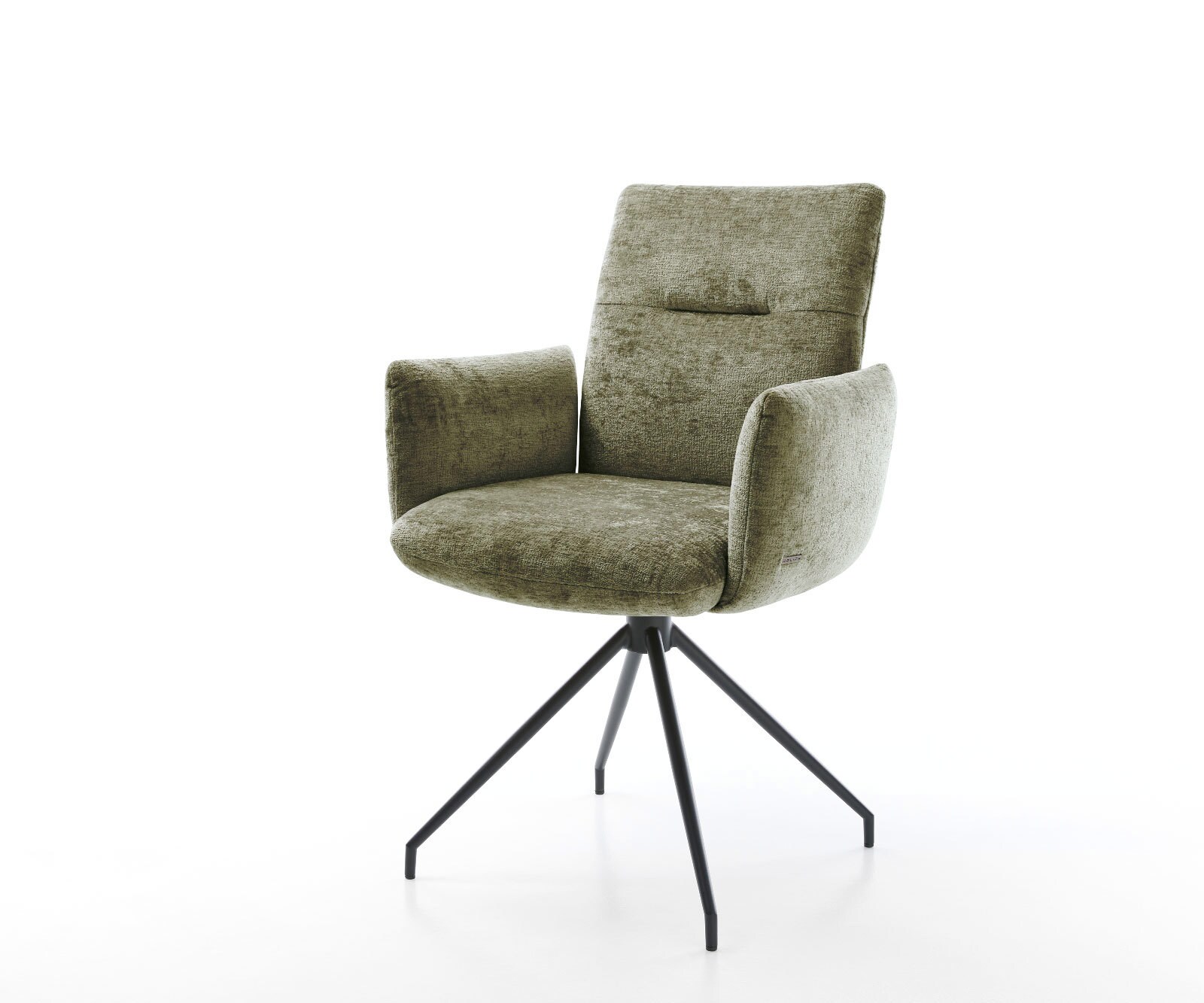 Chaise-pivotante Jova-Flex avec accoudoirs chenille olive pied croisé conique noir pivotement sur 180° ressorts ensachés