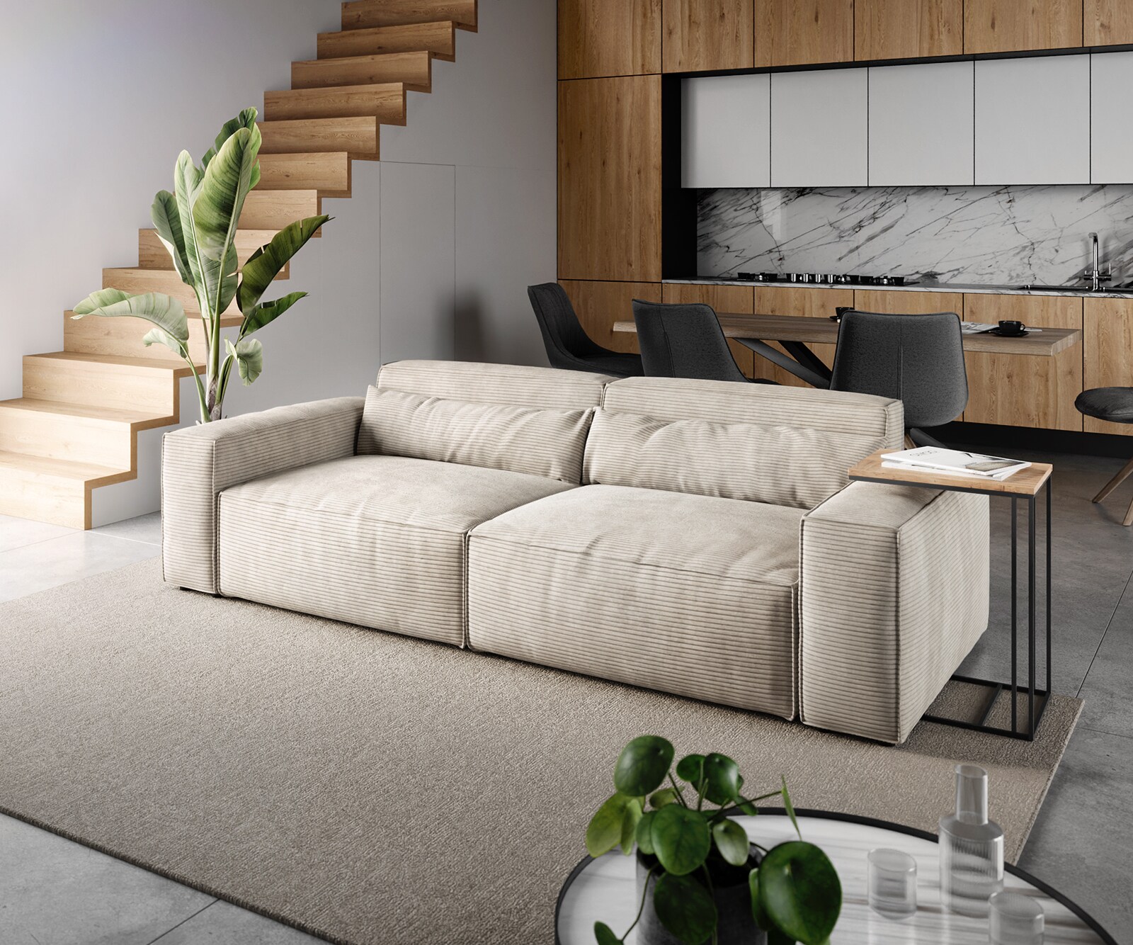 Grand Canapé Sirpio 230x95 cm Velours côtelé Beige