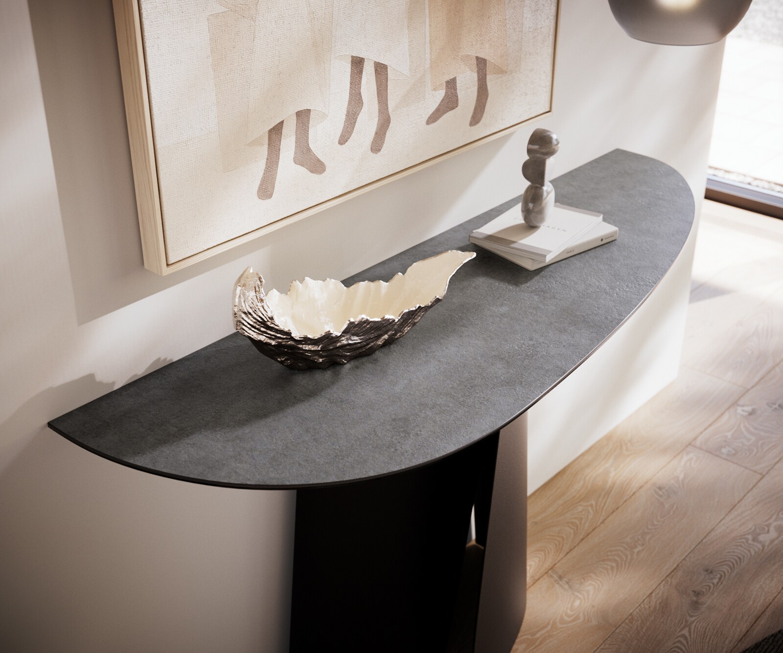 Table console Edge Oval 140x40 cm Céramique Béton Gris Livos Métal Noir 5