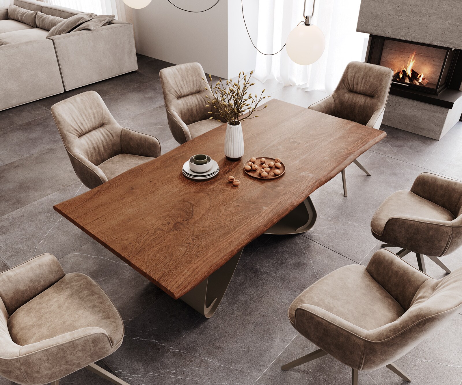 Table à manger Edge 200x100 Acacia Marron Cadre en W Métal finition à effet Titane Live-Edge 3