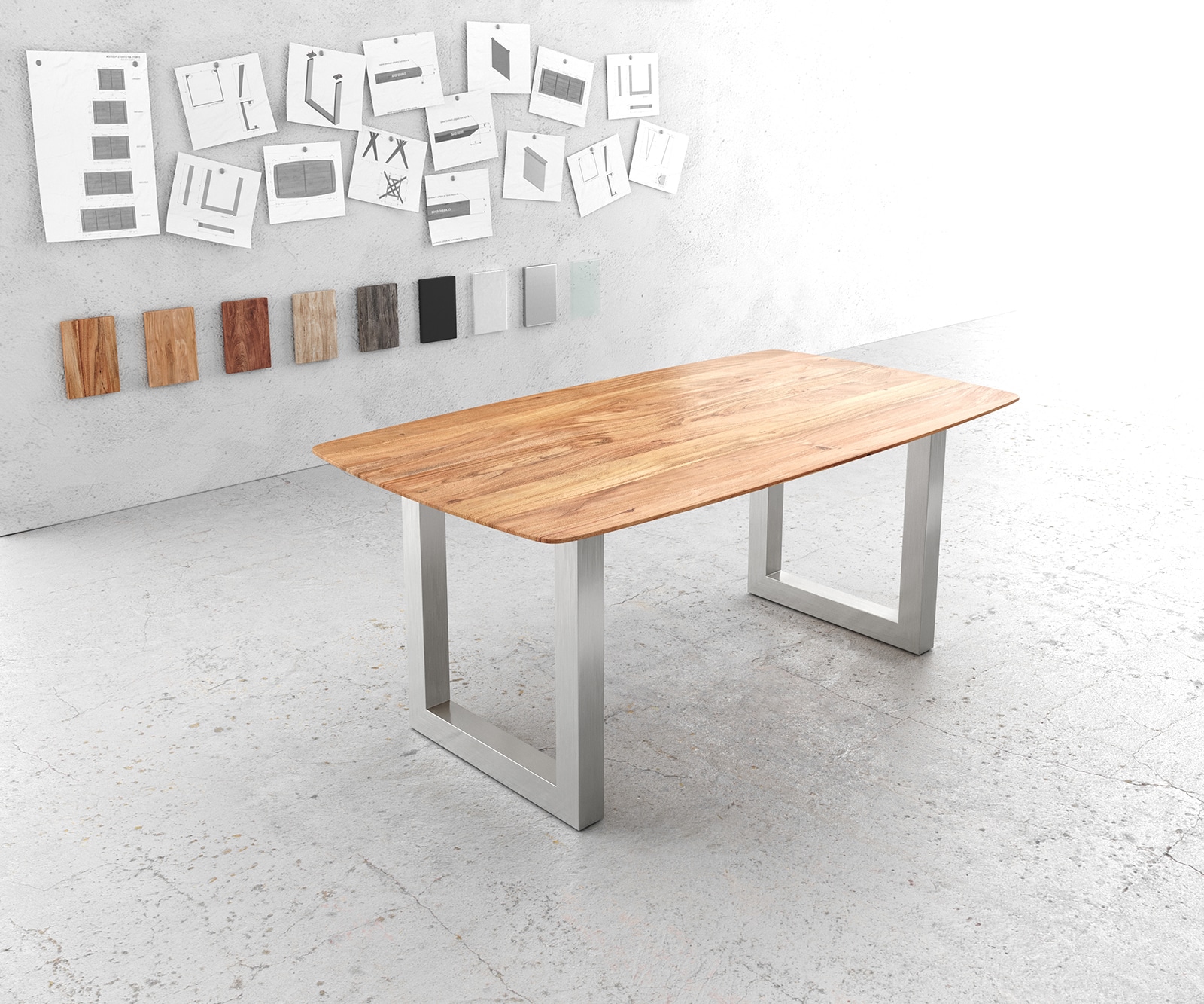 Table à manger Edge Boot 180x90 Acacia Naturel Acier Inoxydable Large Bord Suisse Table à manger Edge Boot 180x90 Acacia Naturel Acier Inoxydable Large Bord Suisse