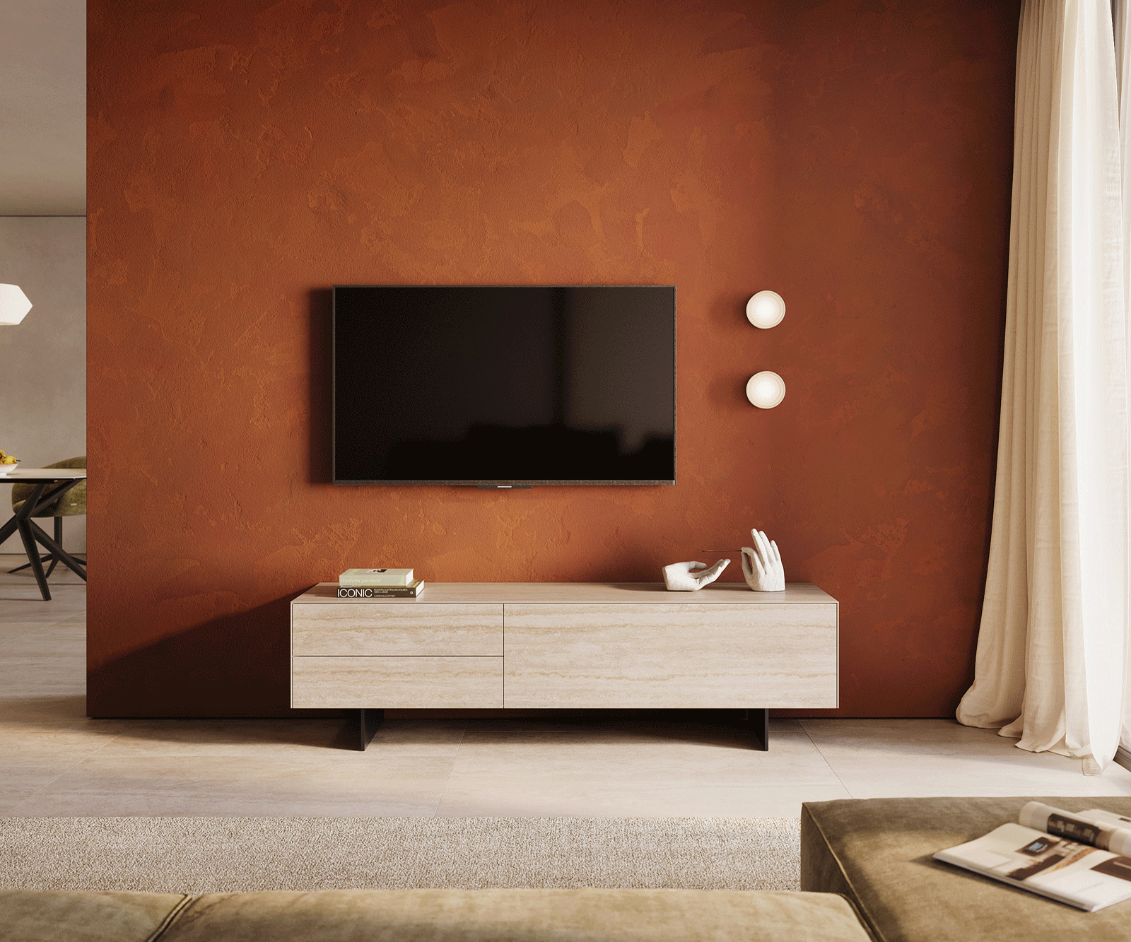 Meuble-TV Cuor 180 cm Céramique Laminam® Travertino Bianco Crème-blanc 1 Clapet 2 Tiroirs Pied optique flottant Métal Noir 2