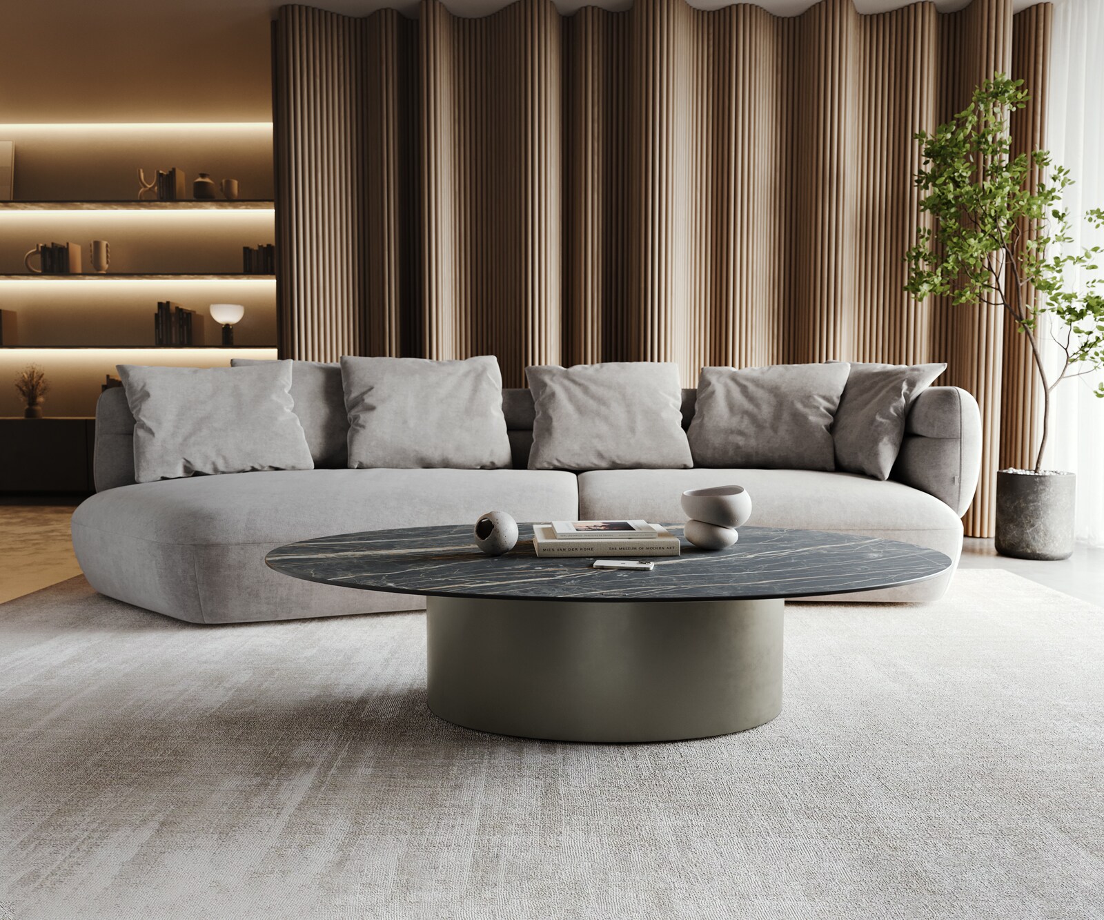 Table-basse Casilda 150x90 cm Céramique Laminam®Noir Desir Marron Pied central Finition à effet titane 2