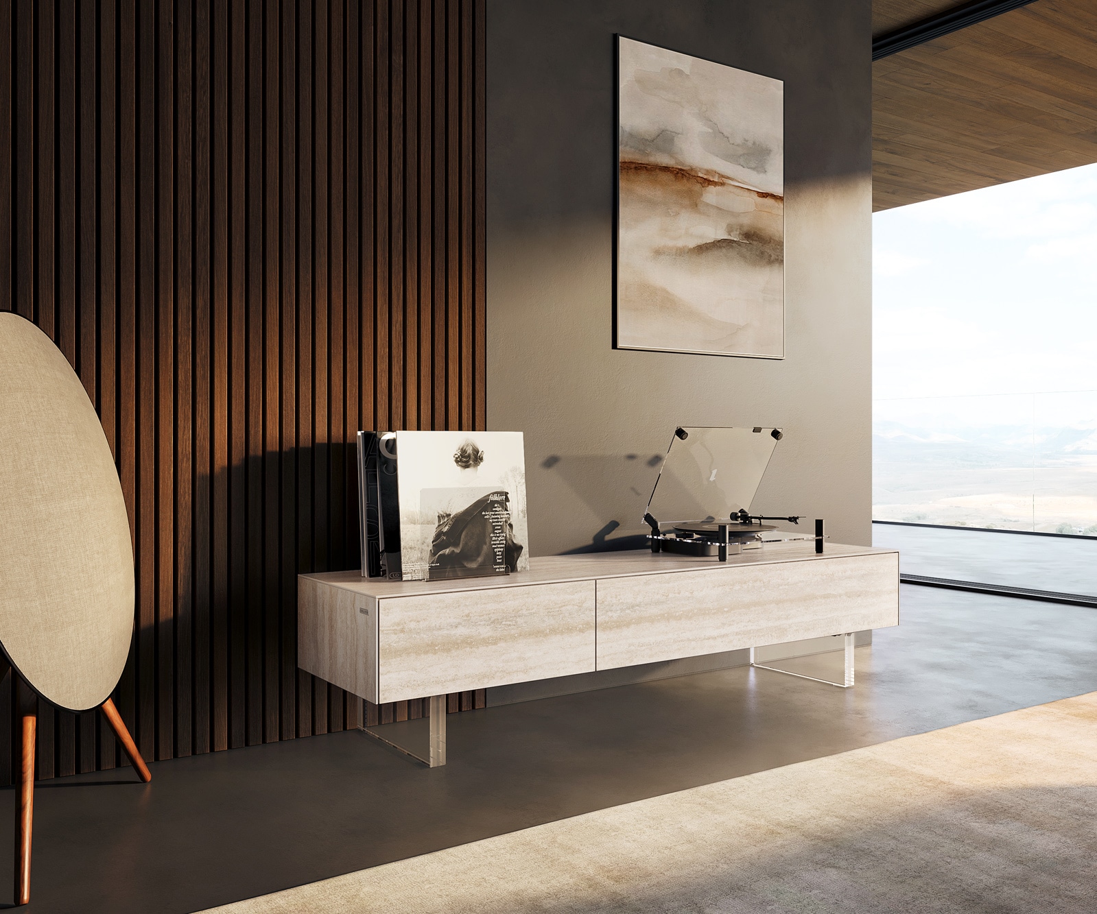 Meuble-TV Cuor 150 cm Céramique Laminam® Travertino Bianco Crème-blanc 1 Clapet 1 Tiroir Pied optique flottant Verre acrylique Meuble-TV Cuor 150 cm Céramique Laminam® Travertino Bianco Crème-blanc 1 Clapet 1 Tiroir Pied optique flottant Verre acrylique