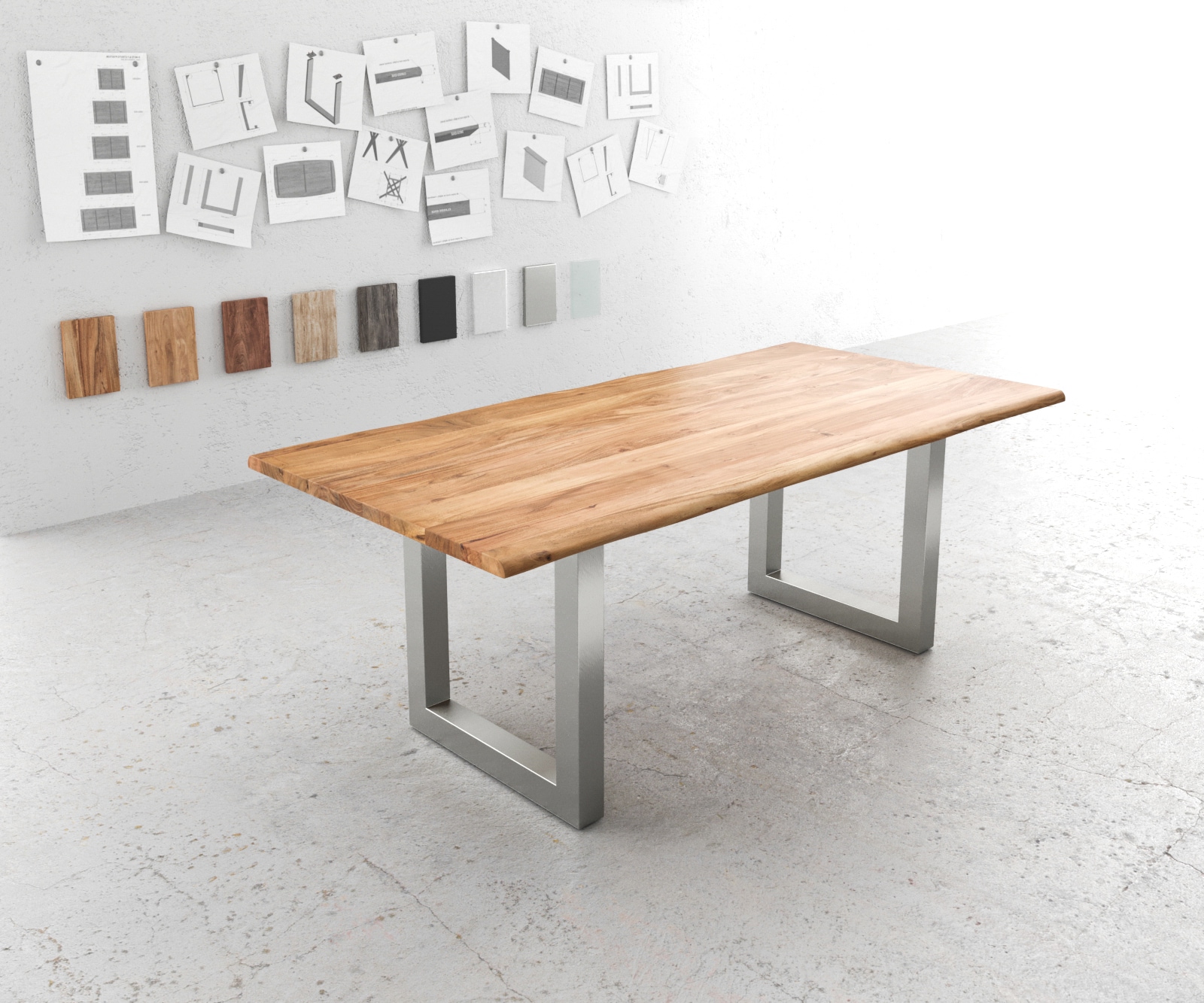 Table-à-manger Edge 200x100 acacia nature acier inoxydable large Live-Edge 1