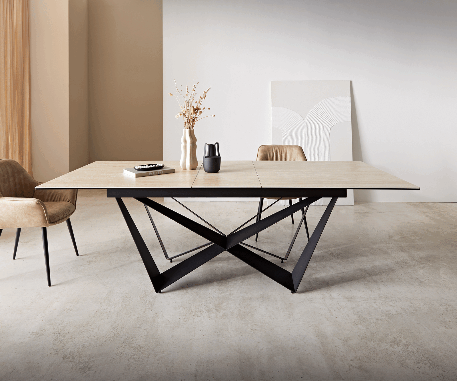 Table à manger Edge 180-220x100 céramique Travertin nature Spider acier plat noir extensible 1