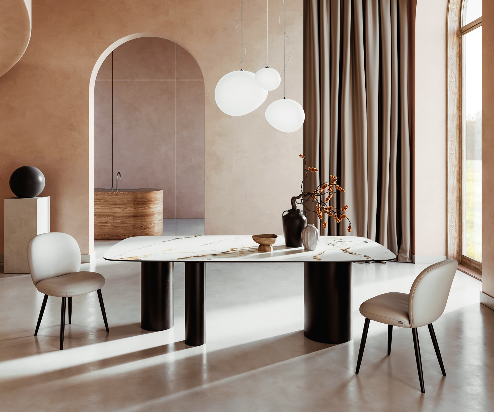 Table à manger Edge Boot 240x120 céramique Calacatta Luxe blanc-doré-gris Troa métal noir