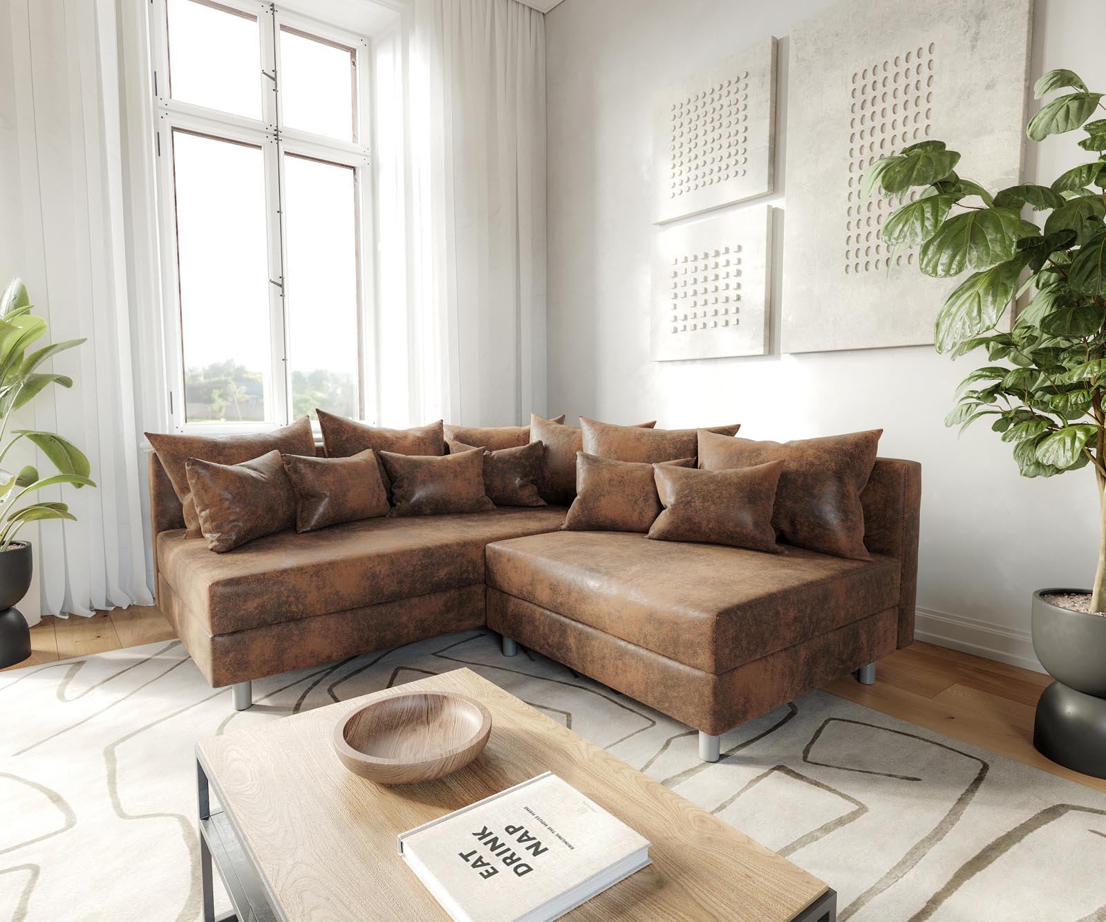 Canapé d'angle Clovis marron aspect antique ottoman gauche canapé module 1 Canapé d'angle Clovis marron aspect antique ottoman gauche canapé module 1