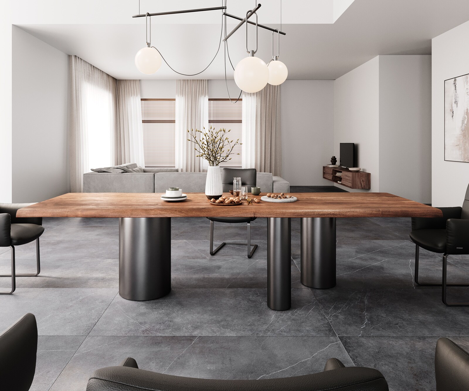Table à manger Edge 300x100 XL Acacia Marron Troa Acier inoxydable Graphite Live-Edge 1