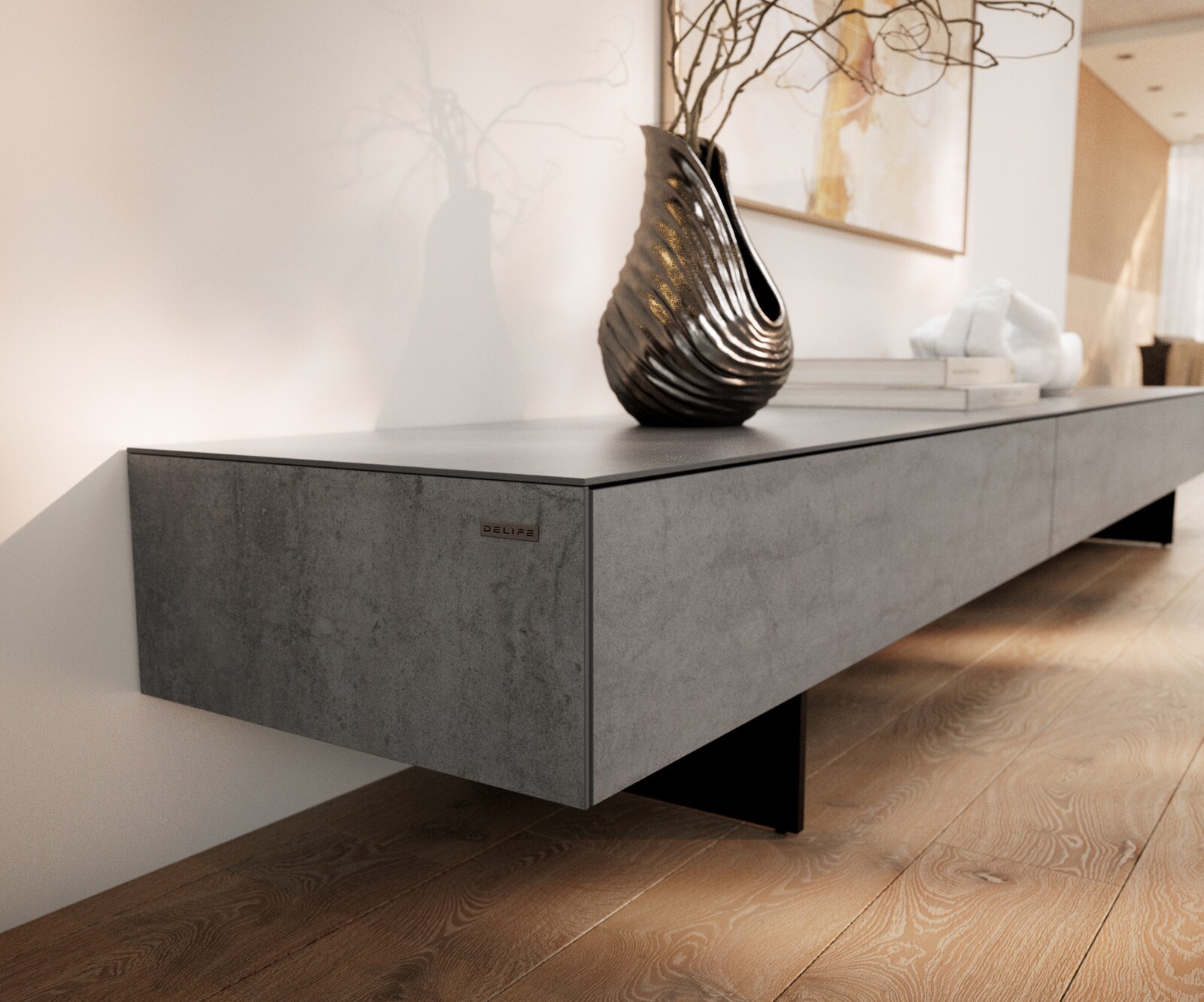Meuble-TV Cuor 250 cm Céramique Béton gris 1 Clapet 1 Tiroir Pied optique flottant Métal Noir 6