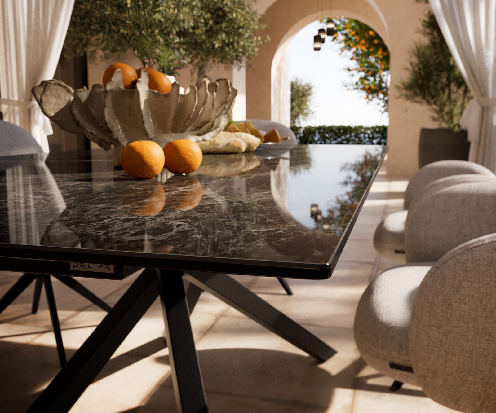 Table d’extérieur Edge 200x100 cm céramique Laminam® Emperador Extra Lucidato brun foncé piètement croisé rectangulaire noir 3