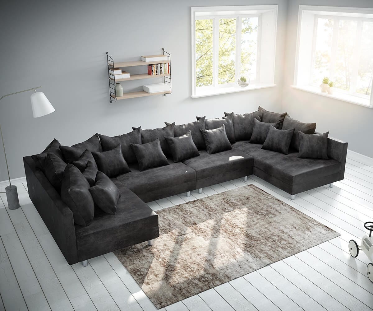 Canapé Modulable Clovis XXL Avec Pouf – Grand Canapé Panoramique En Tissu Noir, Design Flexible