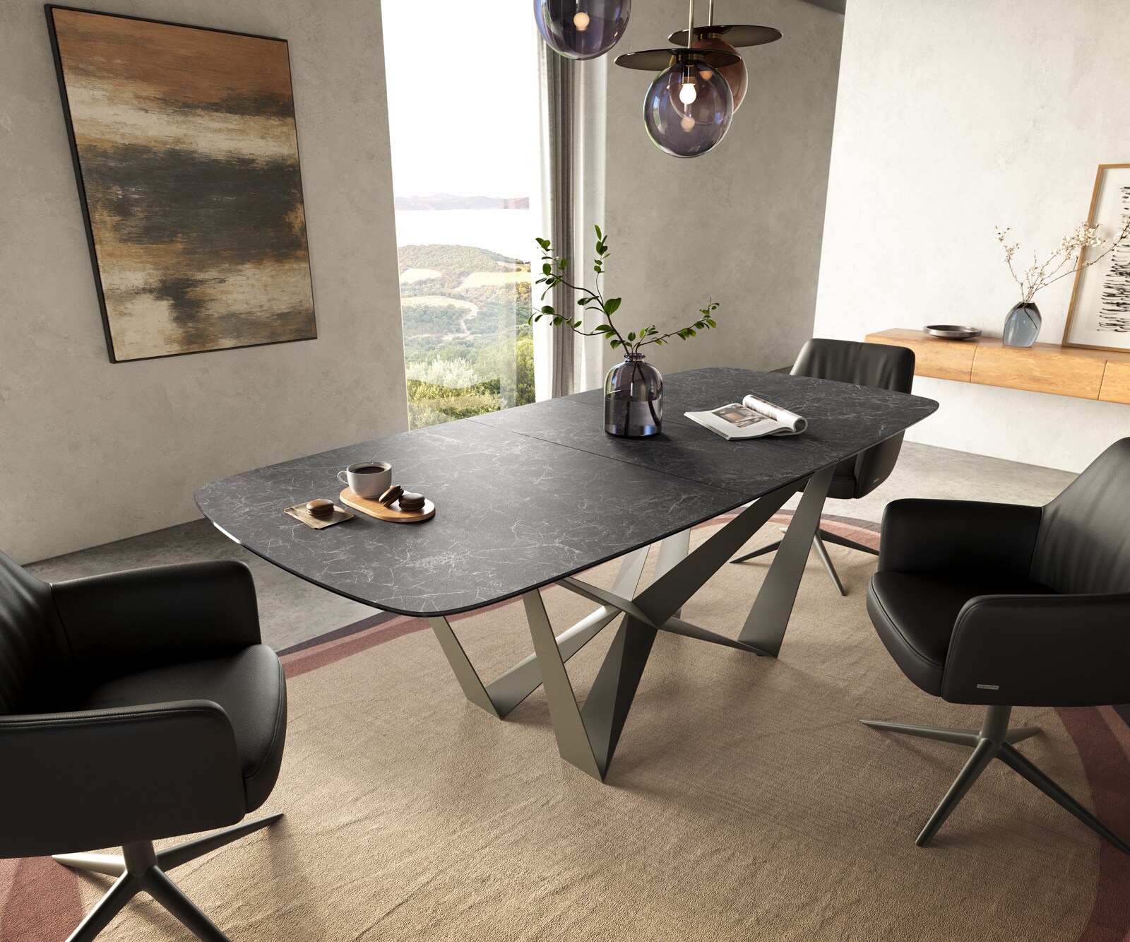 Table à manger Edge Boot 180-220x100 cm Céramique Laminam® Nero Greco Anthracite Spider Métal Finition effet Titan extensible 1
