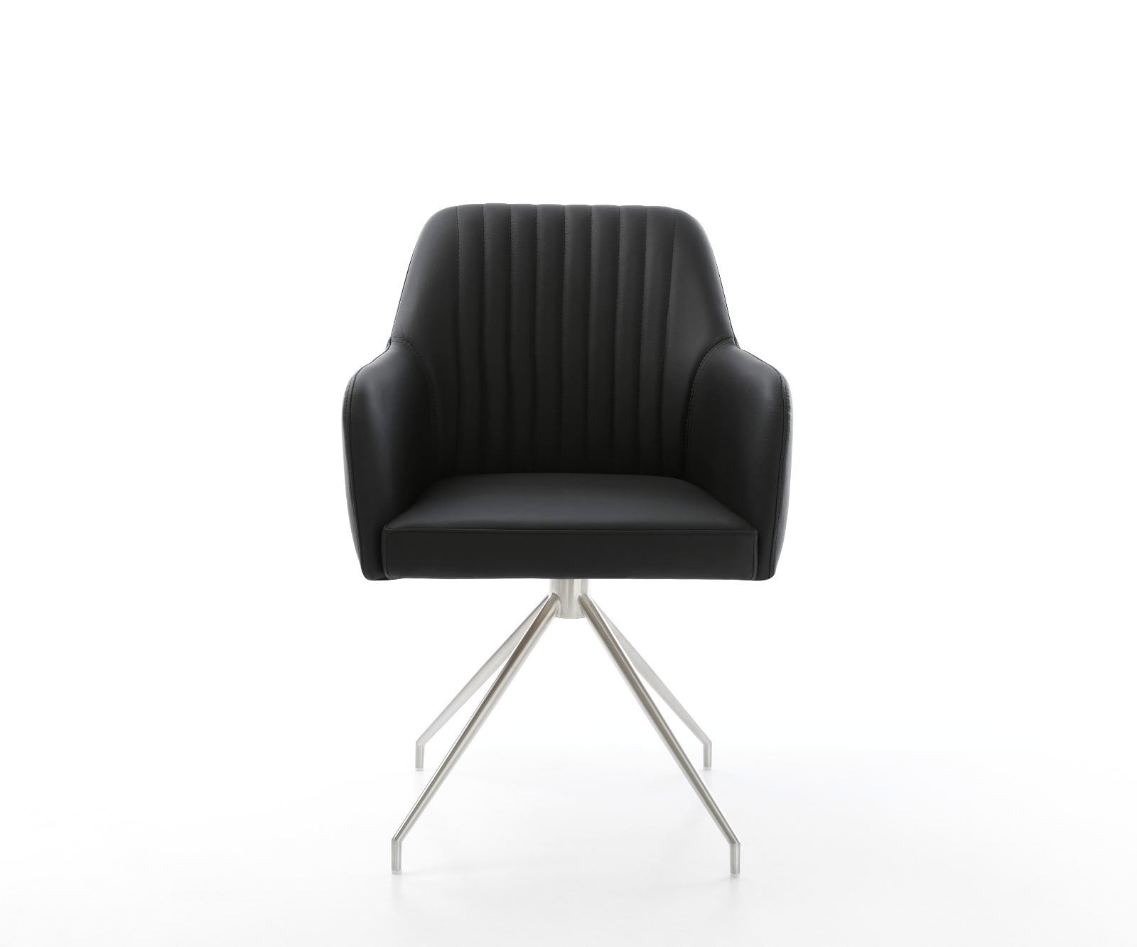 Chaise-de-salle-à-manger Greg-Flex cuir de vache noir pied croisé conique acier inoxydable brossé ressorts ensachés 1 Chaise-de-salle-à-manger Greg-Flex cuir de vache noir pied croisé conique acier inoxydable brossé ressorts ensachés 1