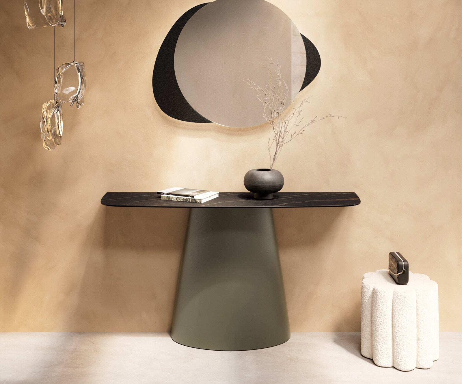 Console Edge forme bateau 140x40 cm Céramique Laminam® Noir Desir Braun Conos Métal Effektfinish Titan 1