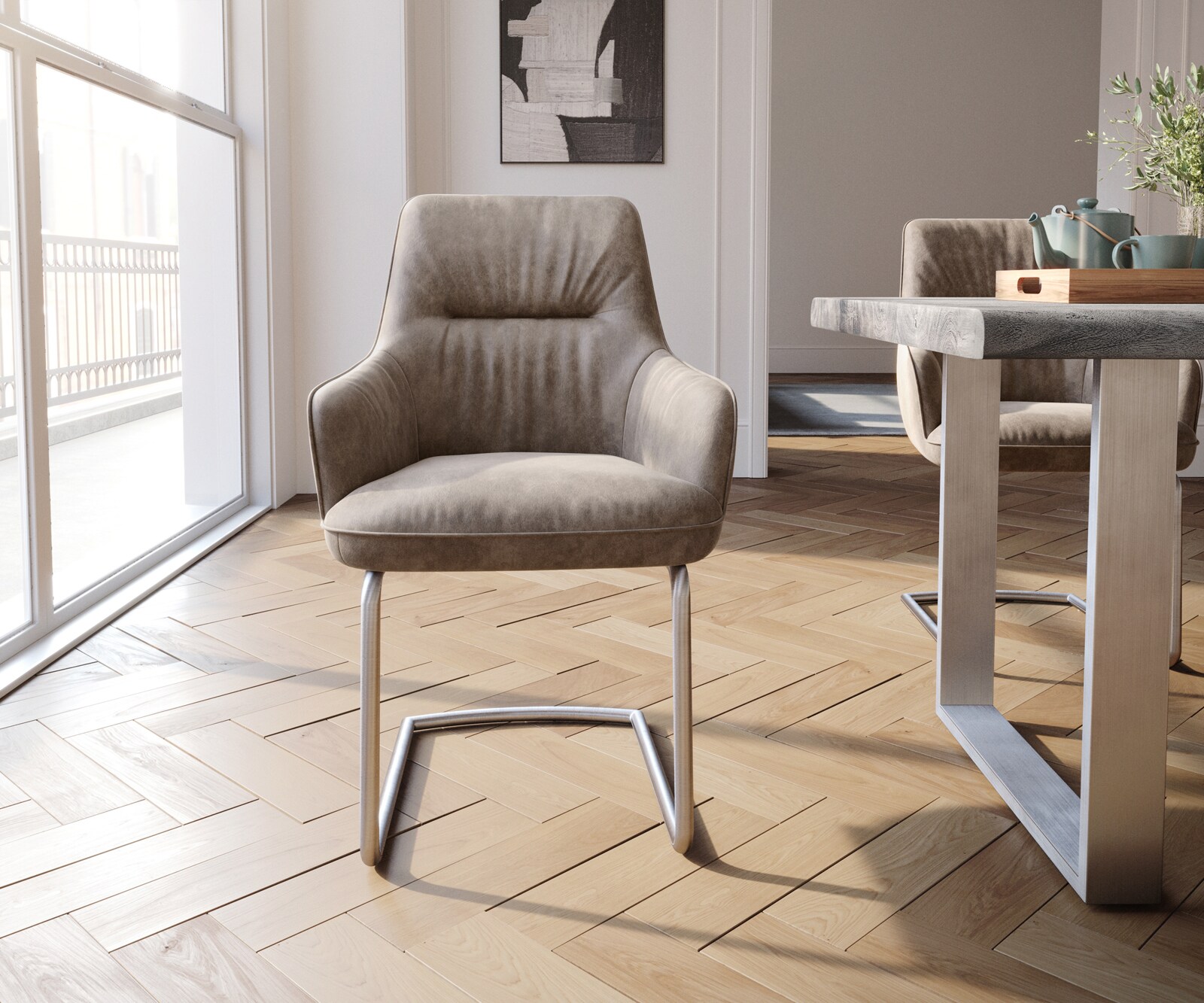 Cantilever Zelia-Flex avec accoudoirs microvelours taupe vintage pied cantilever rond acier inoxydable brossé ressorts ensachés 1