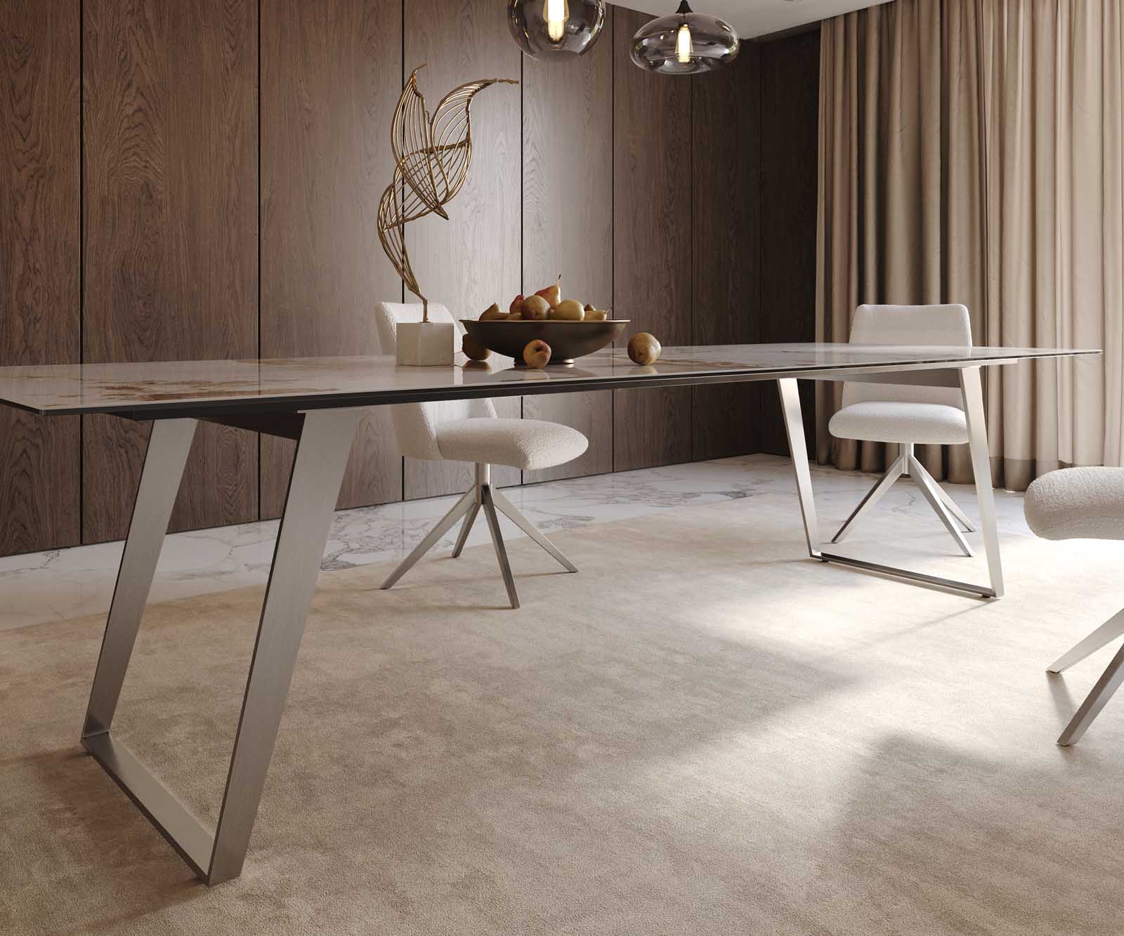 Table à manger Edge 300x100 céramique Minas mélange blanc-beige acier inoxydable incliné 7