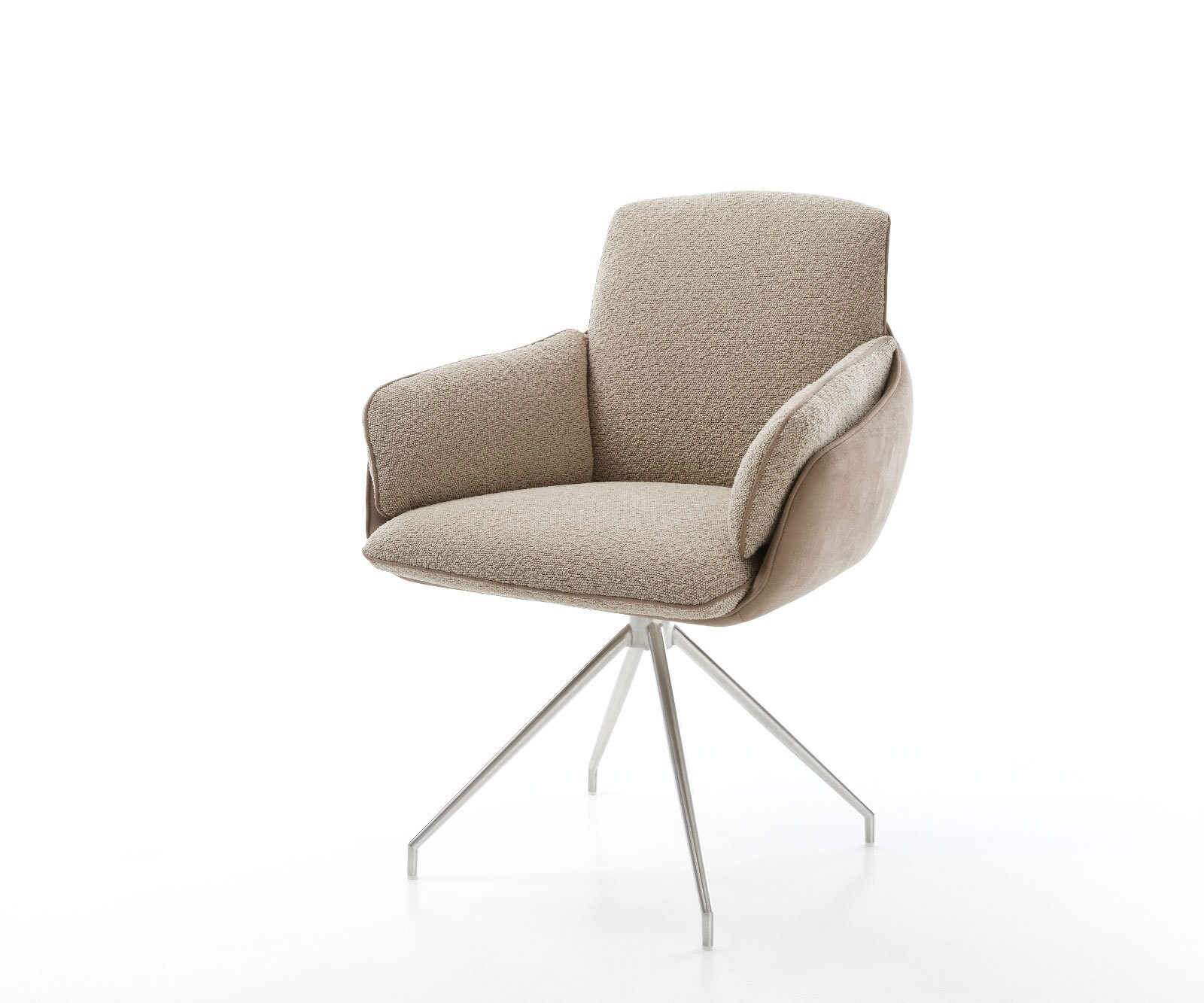 Chaise-pivotante Luan-Flex avec accoudoirs tissu mixte couleur boue pied croisé conique acier inoxydable brossé pivotement sur 180°