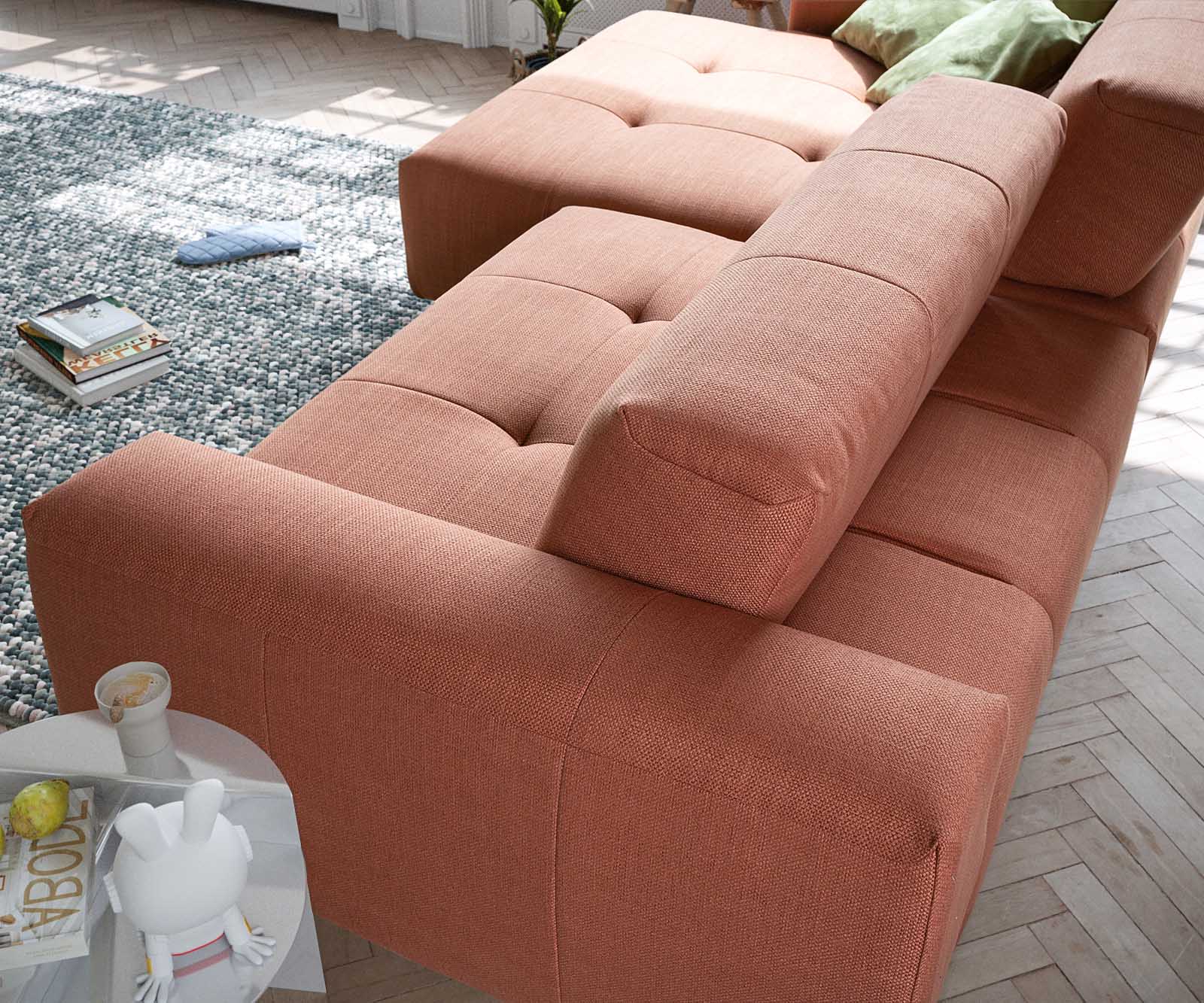 Canapé-d'angle Lazaro 300x160 cm tissu plat orange ottomane à gauche avec réglage de la profondeur d'assise 3
