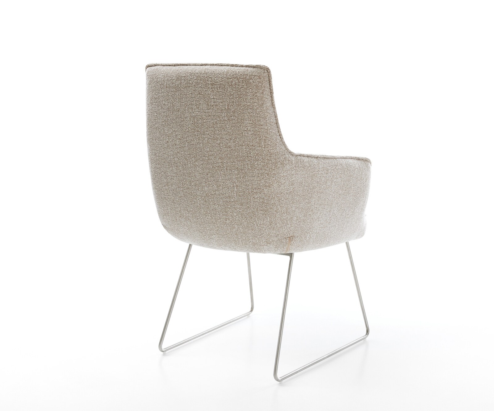 Chaise-de-salle-à-manger Heira-Flex avec accoudoirs tissu tissé doux beige pied trapèze acier inoxydable resorts ensachés 5