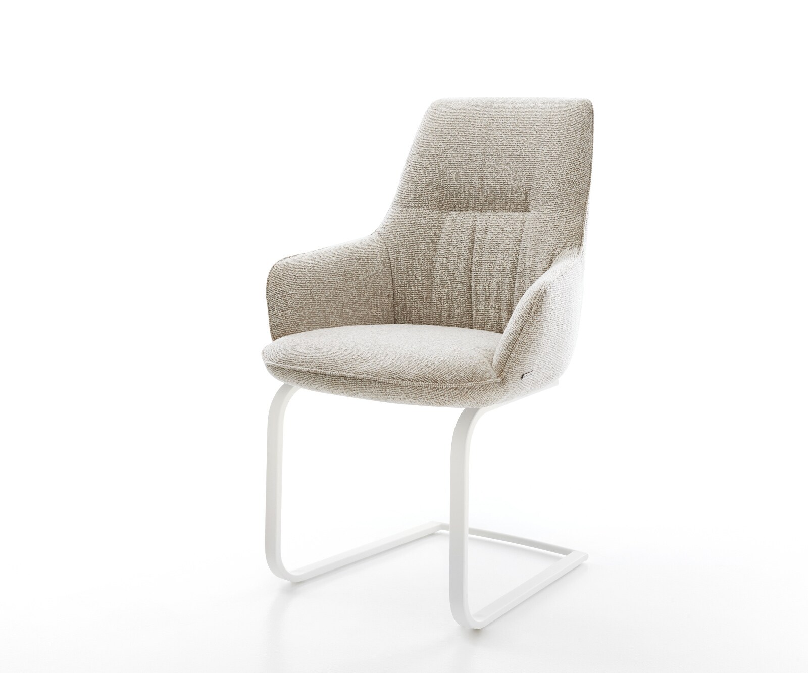 Cantilever Zelia-Flex avec accoudoirs tissu tissé doux beige pied cantilever plat blanc ressorts ensachés 1